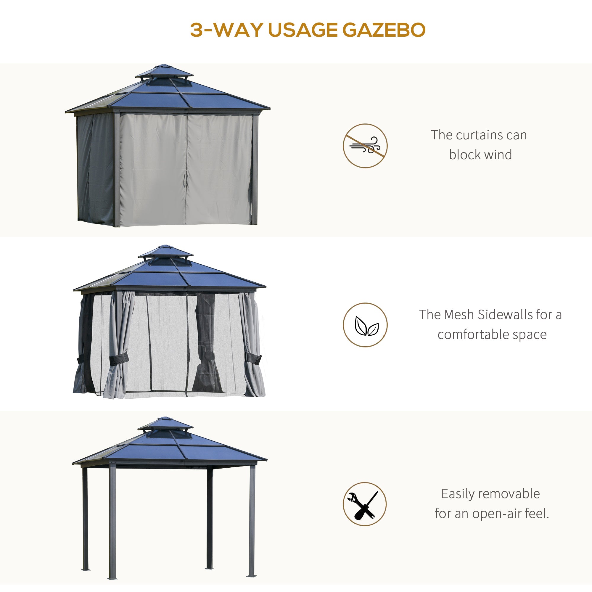 Outsunny 10' x 10' Hardtop Gazebo Canopy with Polycarbonate Double Roof, Aluminum Frame, Permanent Pavilion Outdoor Gazebo with Netting and Curtains for Garden, Backyard