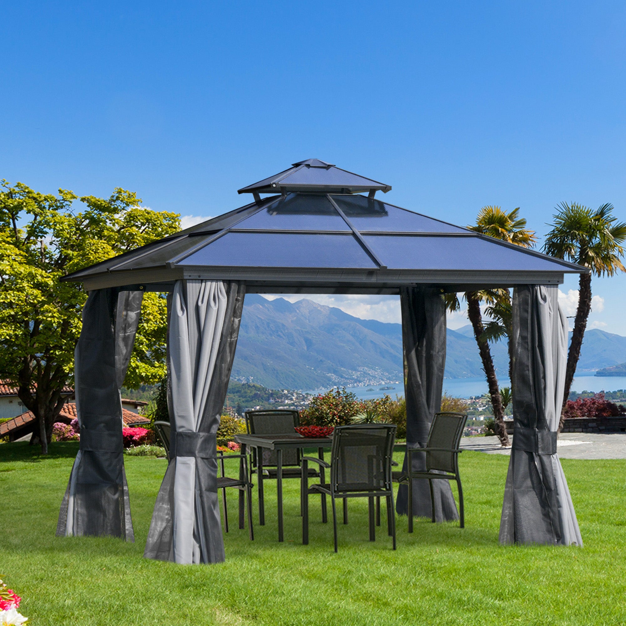 Outsunny 10' x 10' Hardtop Gazebo Canopy with Polycarbonate Double Roof, Aluminum Frame, Permanent Pavilion Outdoor Gazebo with Netting and Curtains for Garden, Backyard