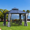Outsunny 10' x 10' Hardtop Gazebo Canopy with Polycarbonate Double Roof, Aluminum Frame, Permanent Pavilion Outdoor Gazebo with Netting and Curtains for Garden, Backyard