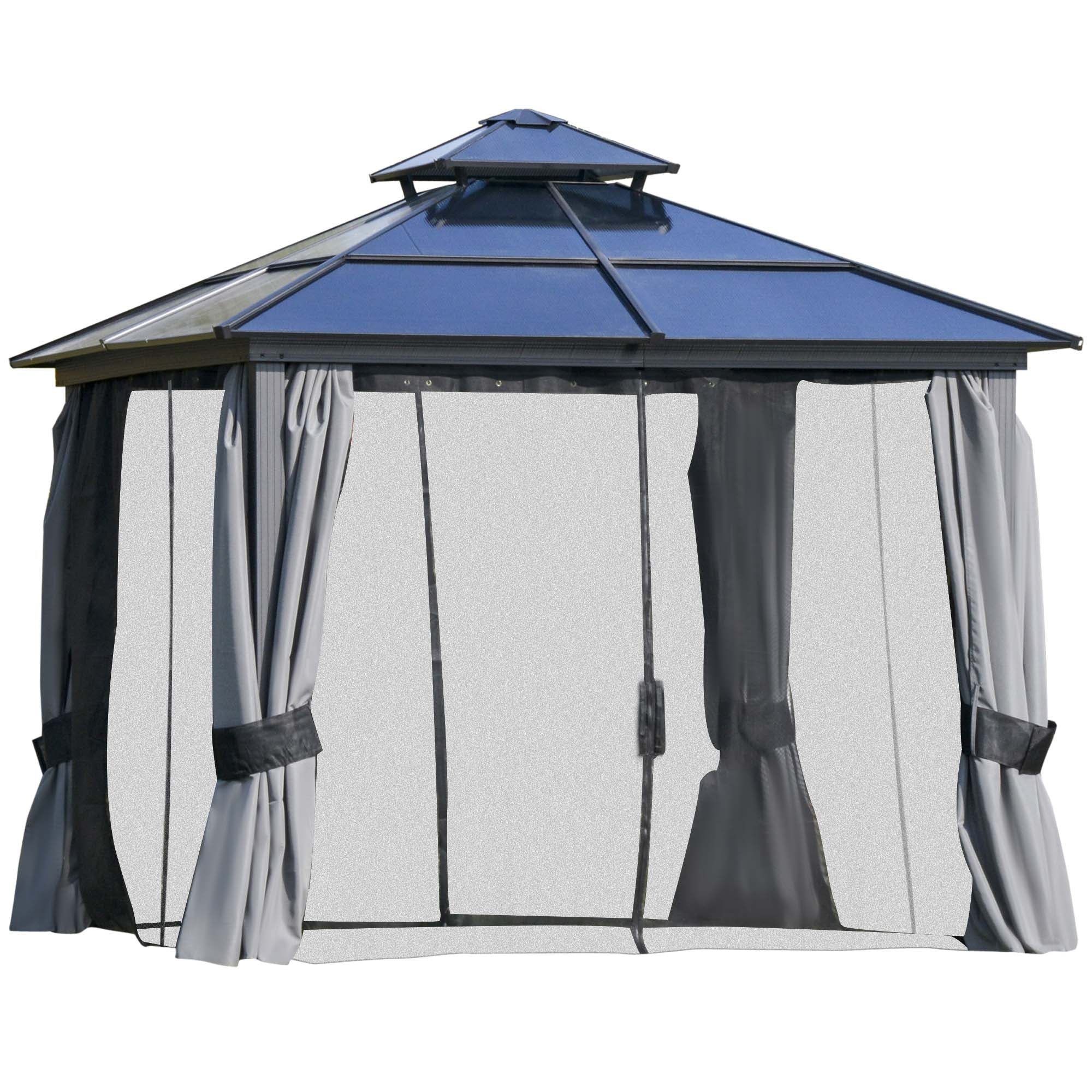 Outsunny 10' x 10' Hardtop Gazebo Canopy with Polycarbonate Double Roof, Aluminum Frame, Permanent Pavilion Outdoor Gazebo with Netting and Curtains for Garden, Backyard
