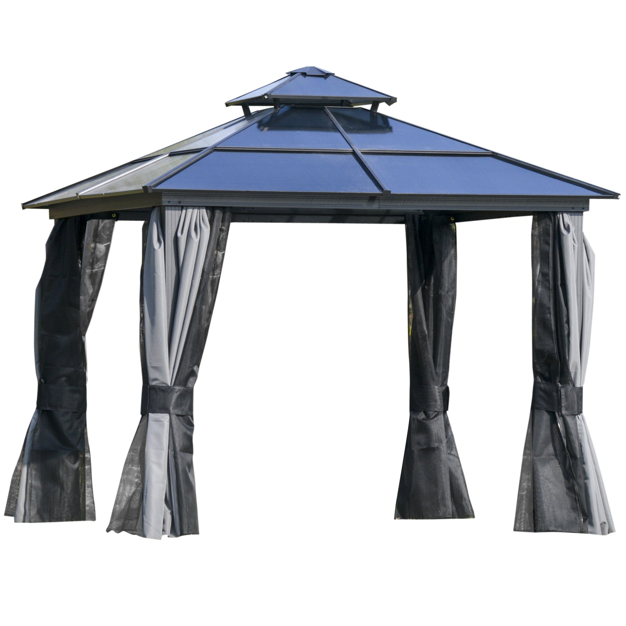 Outsunny 10' x 10' Hardtop Gazebo Canopy with Polycarbonate Double Roof, Aluminum Frame, Permanent Pavilion Outdoor Gazebo with Netting and Curtains for Garden, Backyard