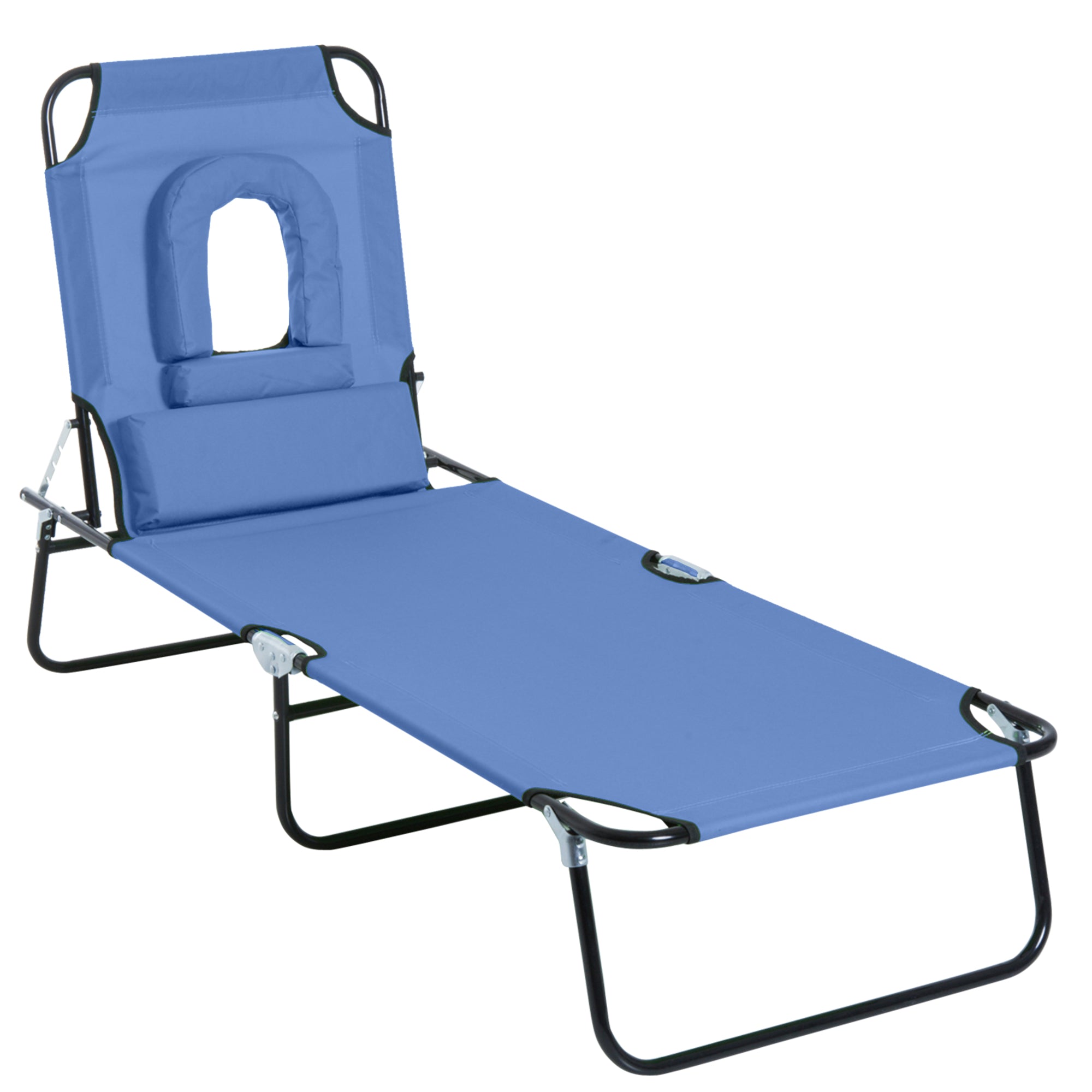 Outsunny Adjustable Outdoor Lounge Chair, Garden Folding Chaise Lounge w/ Reading Hole Reclining Tanning Chair Seat, Folding Camping Beach Lounging Bed with Support Pillow, Blue