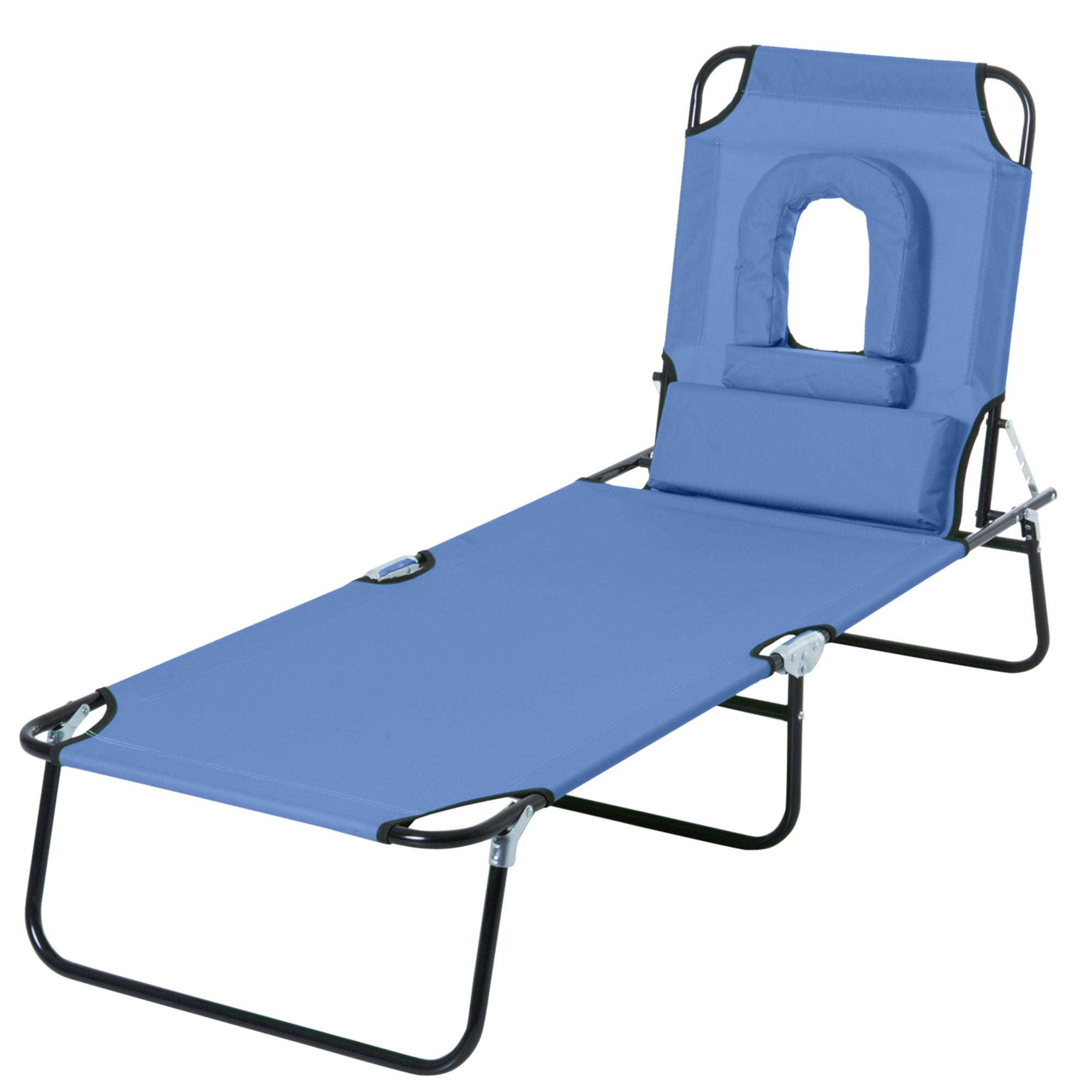 Outsunny Adjustable Outdoor Lounge Chair, Garden Folding Chaise Lounge w/ Reading Hole Reclining Tanning Chair Seat, Folding Camping Beach Lounging Bed with Support Pillow, Blue