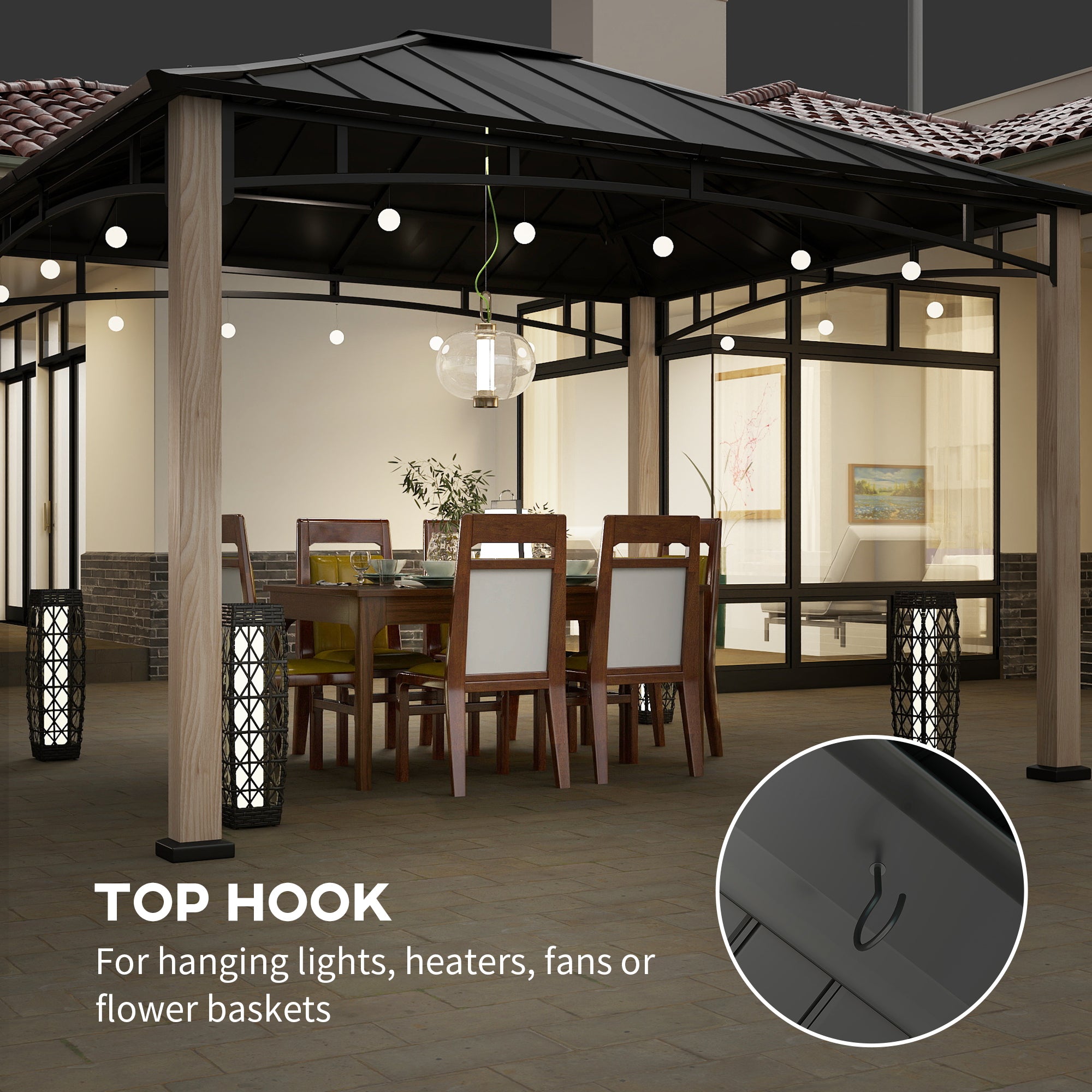 Outsunny 10' x 12' Hardtop Gazebo Canopy with Galvanized Metal Roof and Wood Grain Frame, Permanent Outdoor Gazebo with Ceiling Hook for Patio, Garden, Backyard, Lawn, Deck