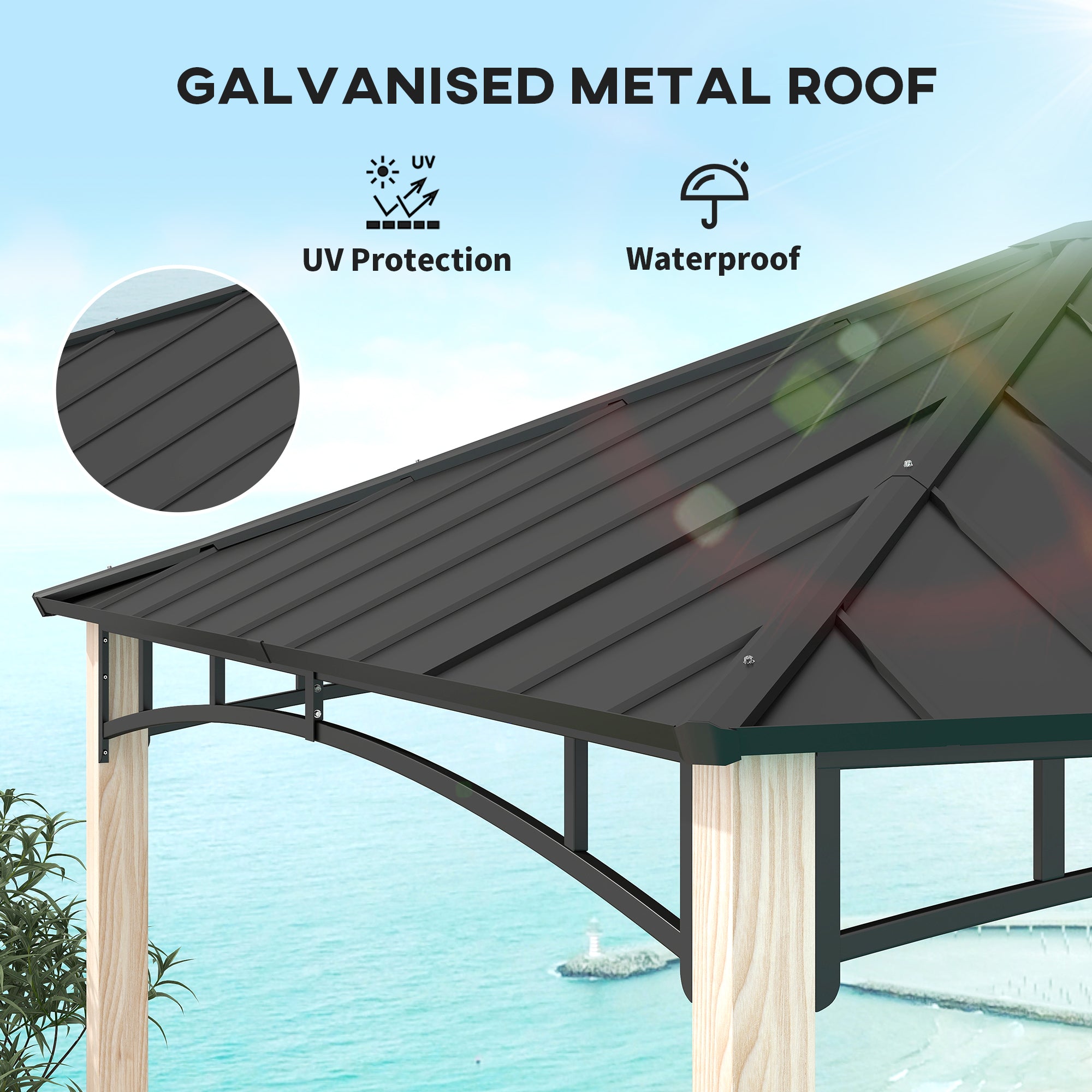 Outsunny 10' x 12' Hardtop Gazebo Canopy with Galvanized Metal Roof and Wood Grain Frame, Permanent Outdoor Gazebo with Ceiling Hook for Patio, Garden, Backyard, Lawn, Deck