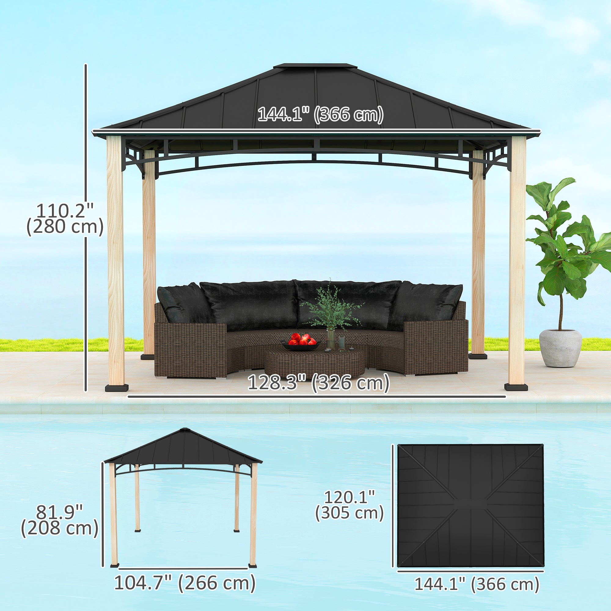 Outsunny 10' x 12' Hardtop Gazebo Canopy with Galvanized Metal Roof and Wood Grain Frame, Permanent Outdoor Gazebo with Ceiling Hook for Patio, Garden, Backyard, Lawn, Deck