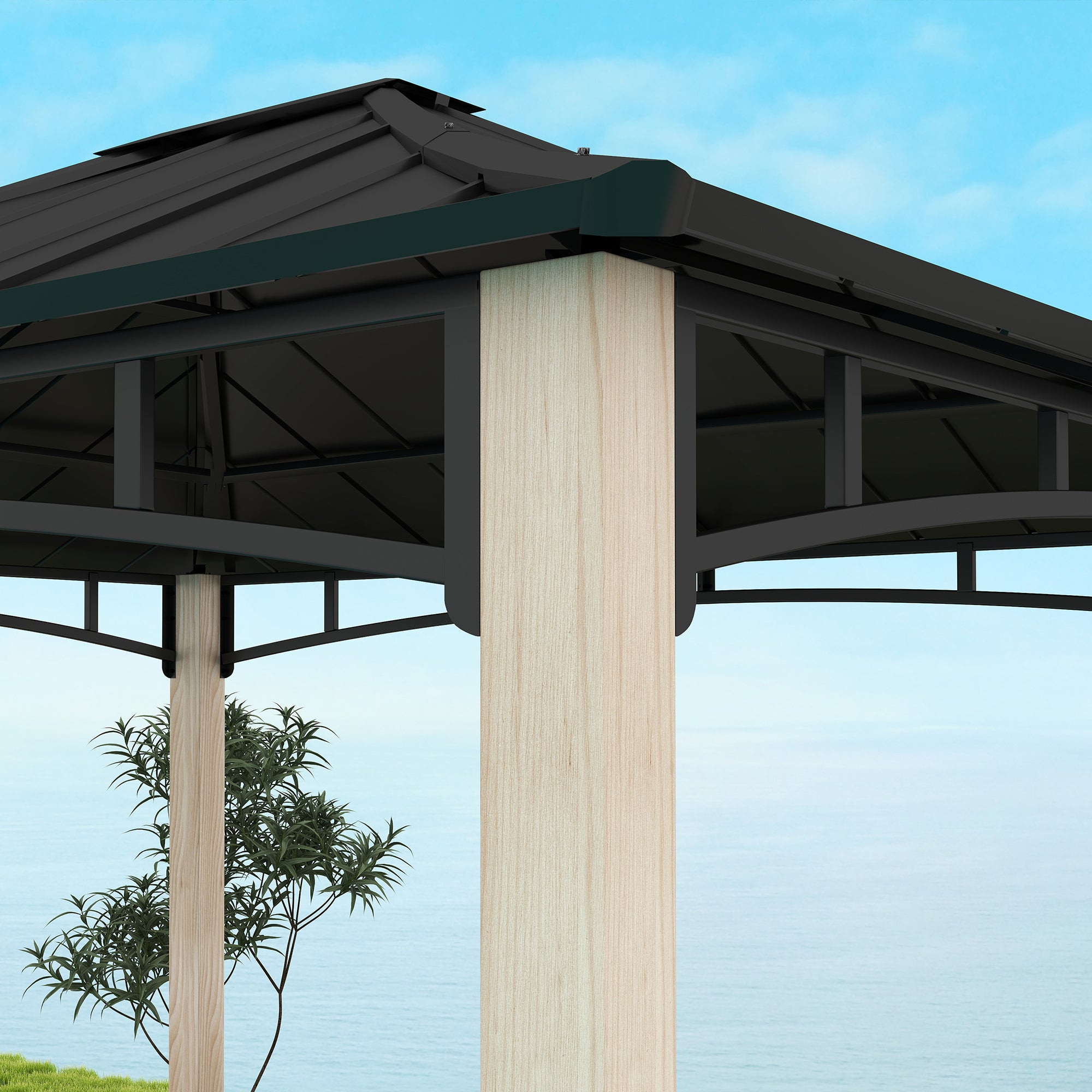 Outsunny 10' x 12' Hardtop Gazebo Canopy with Galvanized Metal Roof and Wood Grain Frame, Permanent Outdoor Gazebo with Ceiling Hook for Patio, Garden, Backyard, Lawn, Deck