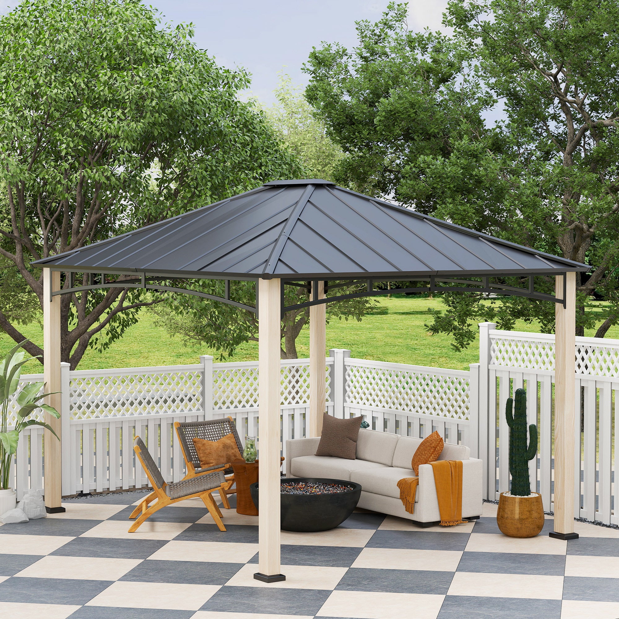 Outsunny 10' x 12' Hardtop Gazebo Canopy with Galvanized Metal Roof and Wood Grain Frame, Permanent Outdoor Gazebo with Ceiling Hook for Patio, Garden, Backyard, Lawn, Deck