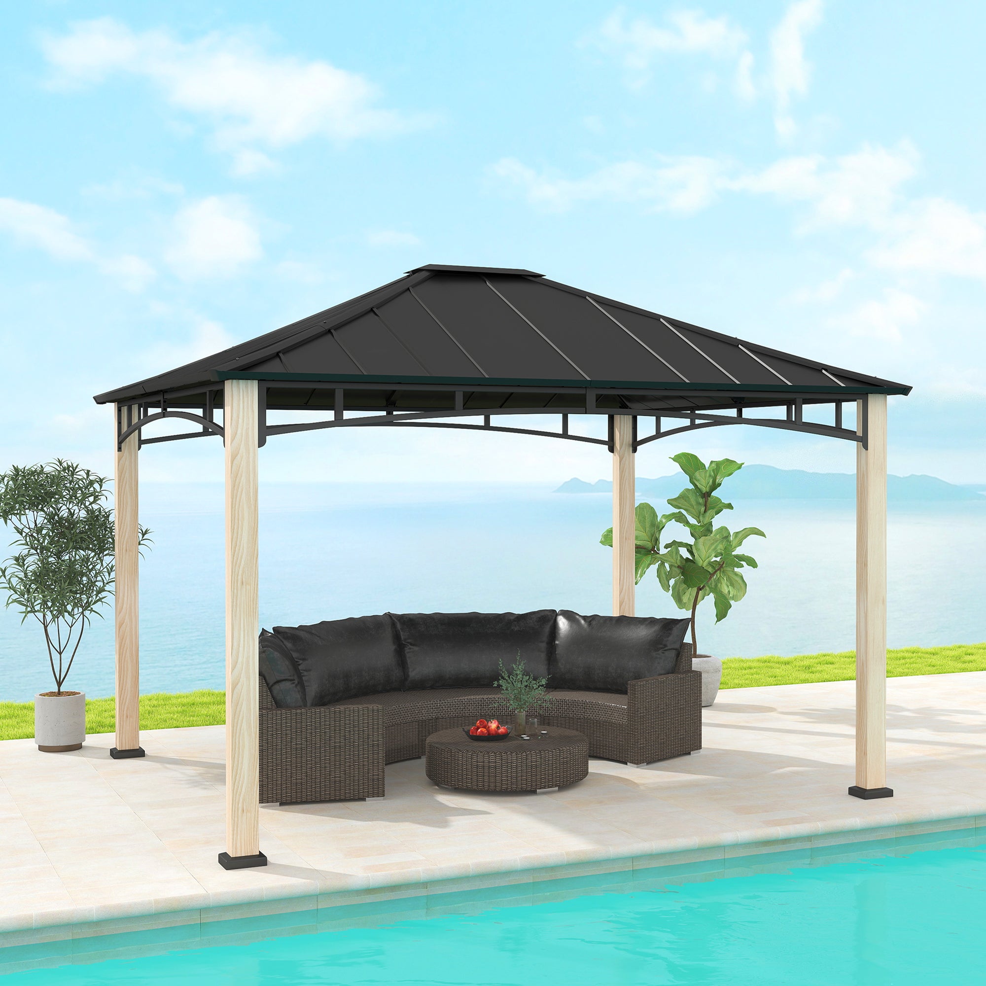 Outsunny 10' x 12' Hardtop Gazebo Canopy with Galvanized Metal Roof and Wood Grain Frame, Permanent Outdoor Gazebo with Ceiling Hook for Patio, Garden, Backyard, Lawn, Deck