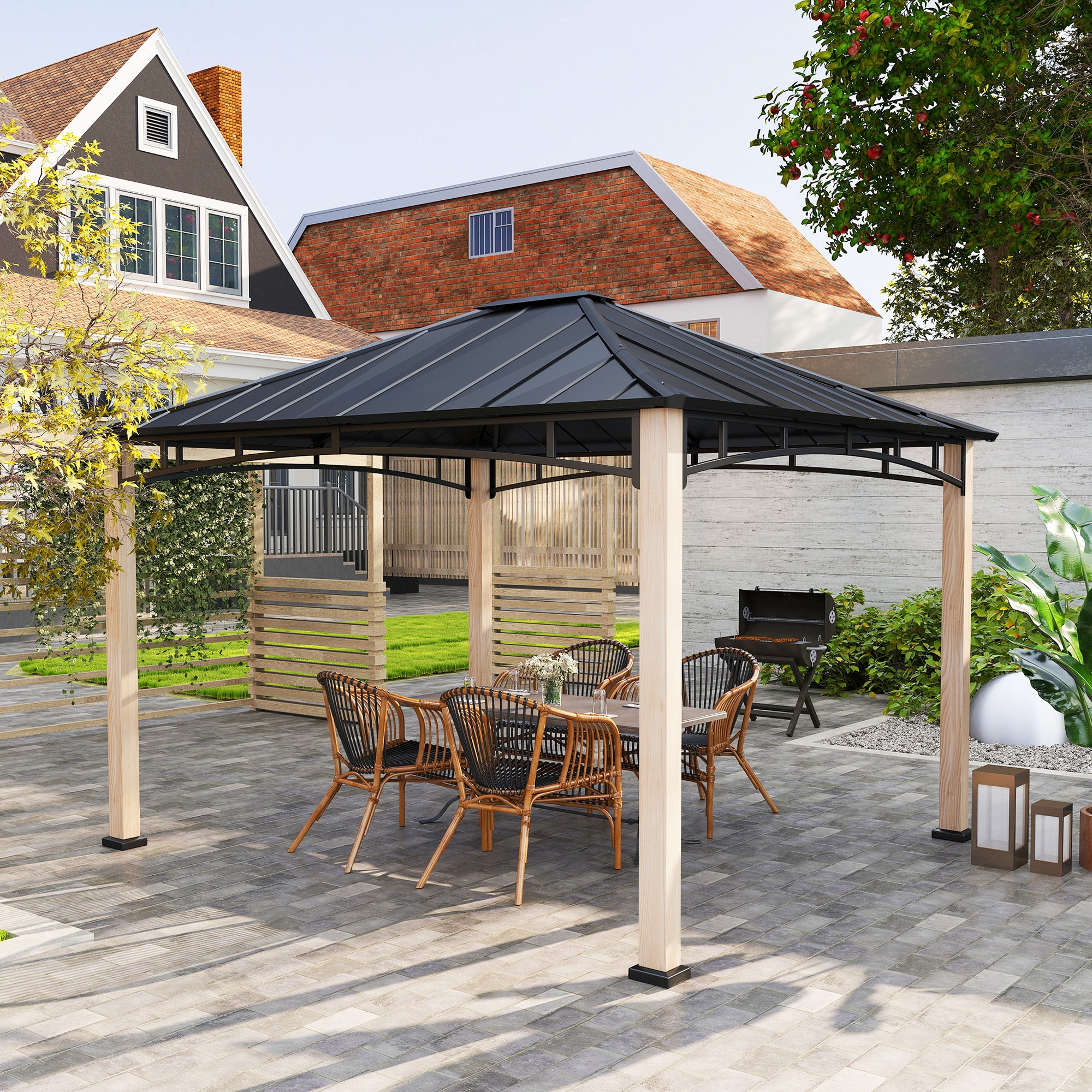 Outsunny 10' x 12' Hardtop Gazebo Canopy with Galvanized Metal Roof and Wood Grain Frame, Permanent Outdoor Gazebo with Ceiling Hook for Patio, Garden, Backyard, Lawn, Deck