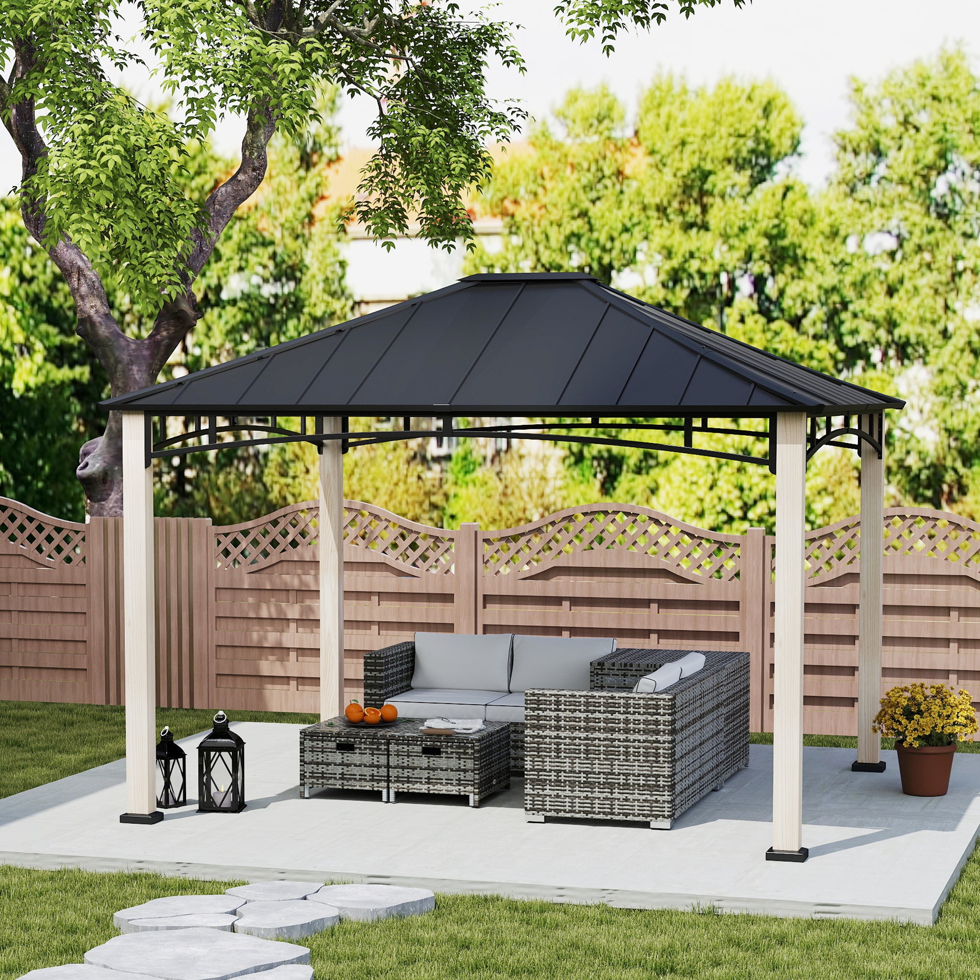 Outsunny 10' x 12' Hardtop Gazebo Canopy with Galvanized Metal Roof and Wood Grain Frame, Permanent Outdoor Gazebo with Ceiling Hook for Patio, Garden, Backyard, Lawn, Deck