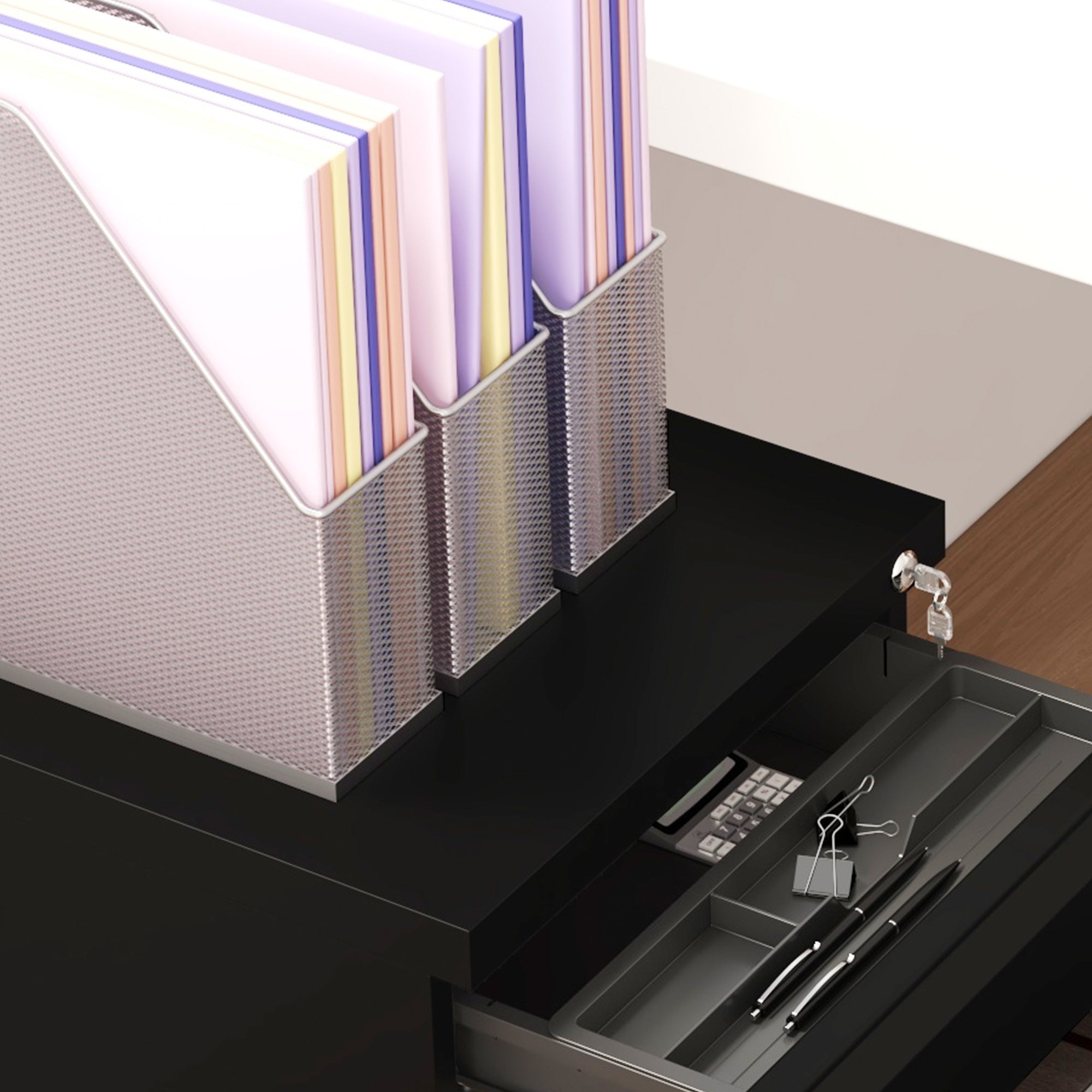 Vinsetto 3 Drawer Vertical File Cabinet with Lock, Steel Filing Cabinet with Wheels and Hanging Bar for A4 Legal and Letter Size Files, Printer Stand with Pre-Assembled Body, Black