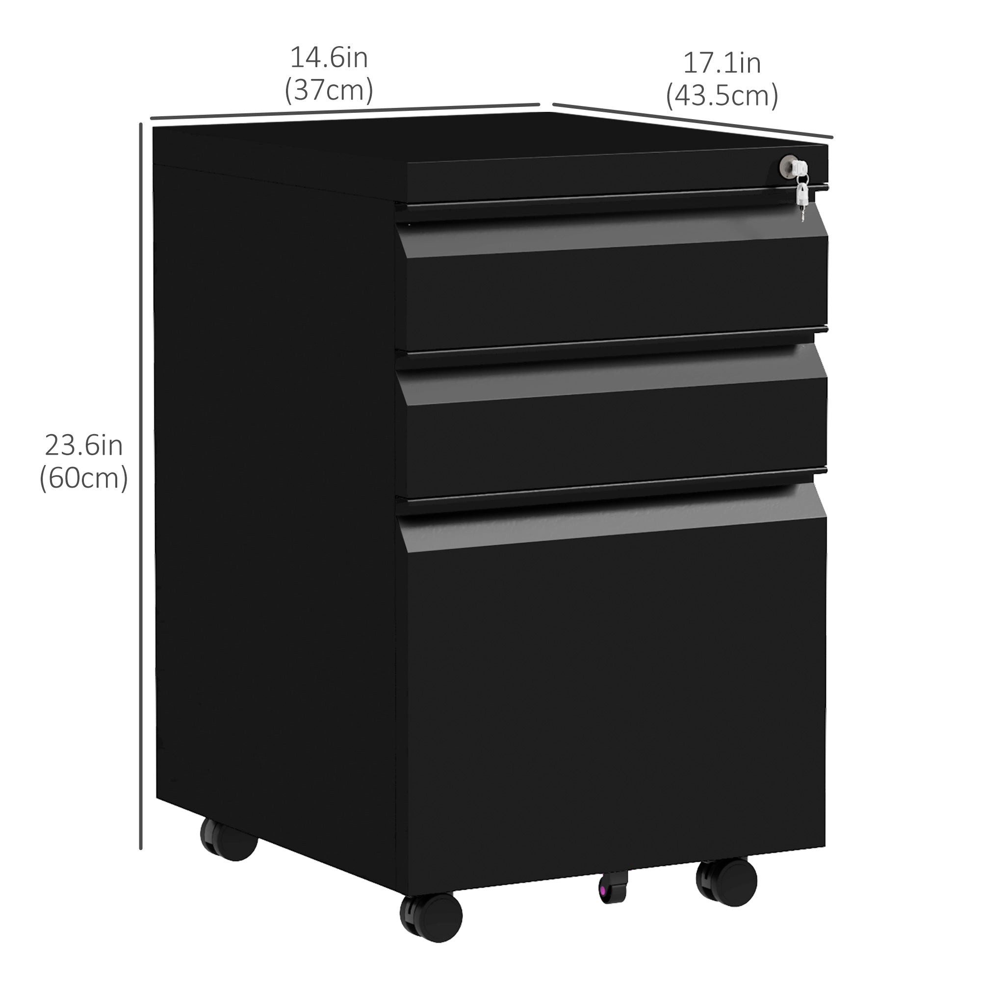 Vinsetto 3 Drawer Vertical File Cabinet with Lock, Steel Filing Cabinet with Wheels and Hanging Bar for A4 Legal and Letter Size Files, Printer Stand with Pre-Assembled Body, Black