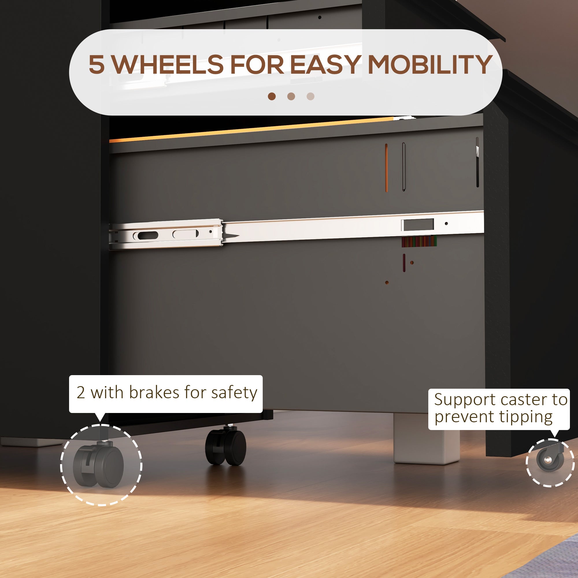 Vinsetto 3 Drawer Vertical File Cabinet with Lock, Steel Filing Cabinet with Wheels and Hanging Bar for A4 Legal and Letter Size Files, Printer Stand with Pre-Assembled Body, Black