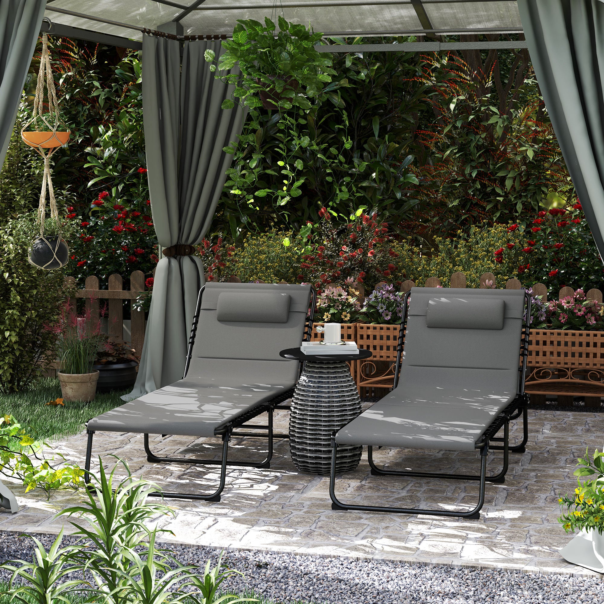 Outsunny Folding Chaise Lounge Chair Set of 2, Reclining Outdoor Lounge Chair Set with Quick Drying Pad Headrest Side Pocket, Tanning Chair Set for Beach Garden Pool, Light Grey
