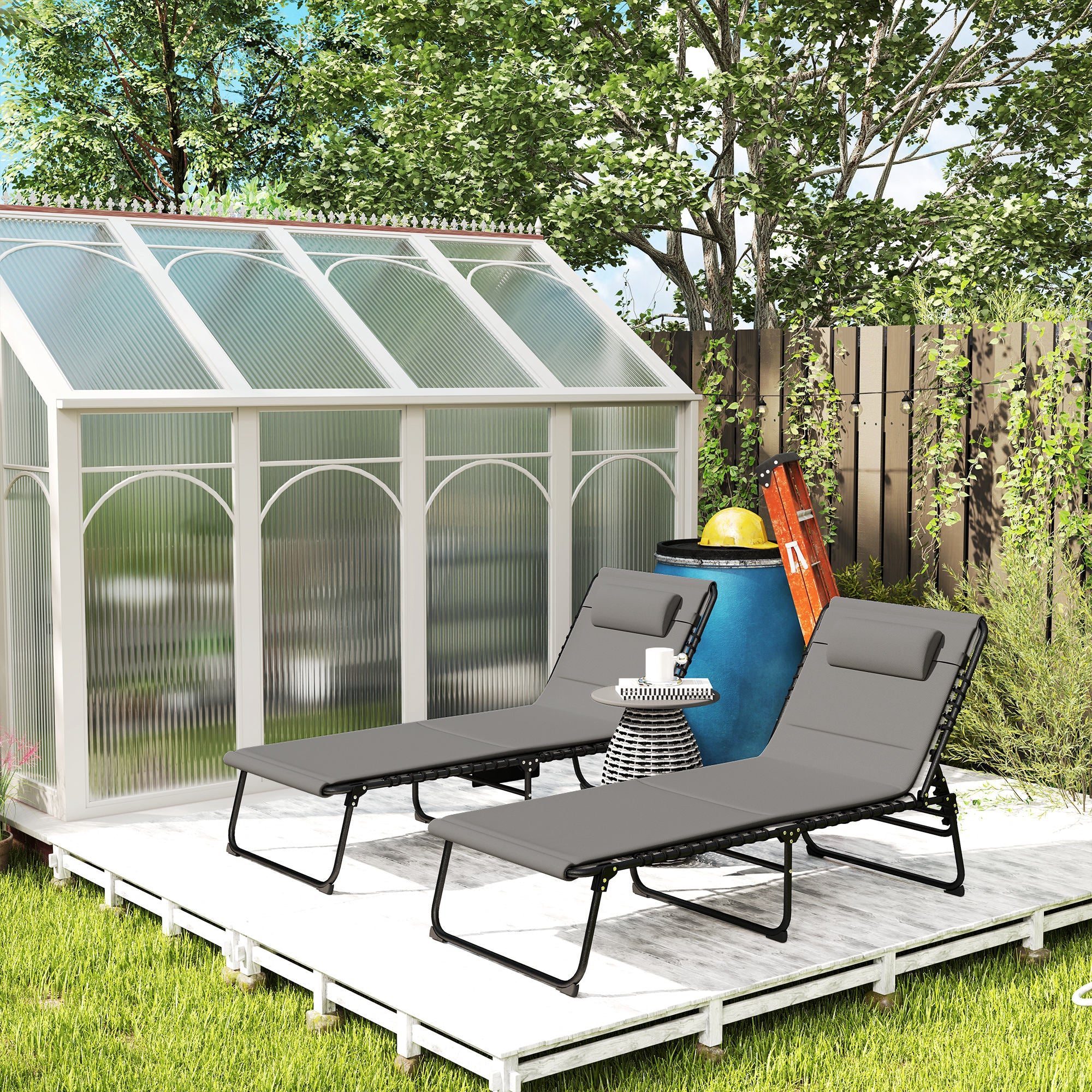 Outsunny Folding Chaise Lounge Chair Set of 2, Reclining Outdoor Lounge Chair Set with Quick Drying Pad Headrest Side Pocket, Tanning Chair Set for Beach Garden Pool, Light Grey