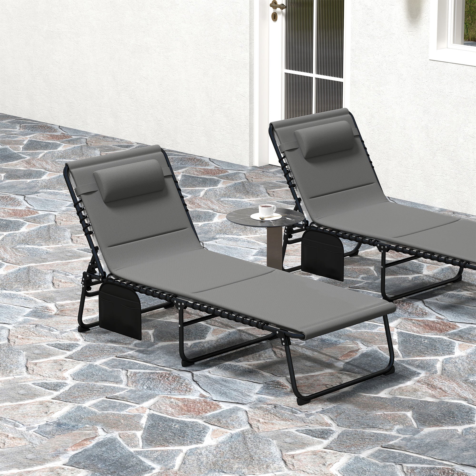 Outsunny Folding Chaise Lounge Chair Set of 2, Reclining Outdoor Lounge Chair Set with Quick Drying Pad Headrest Side Pocket, Tanning Chair Set for Beach Garden Pool, Light Grey