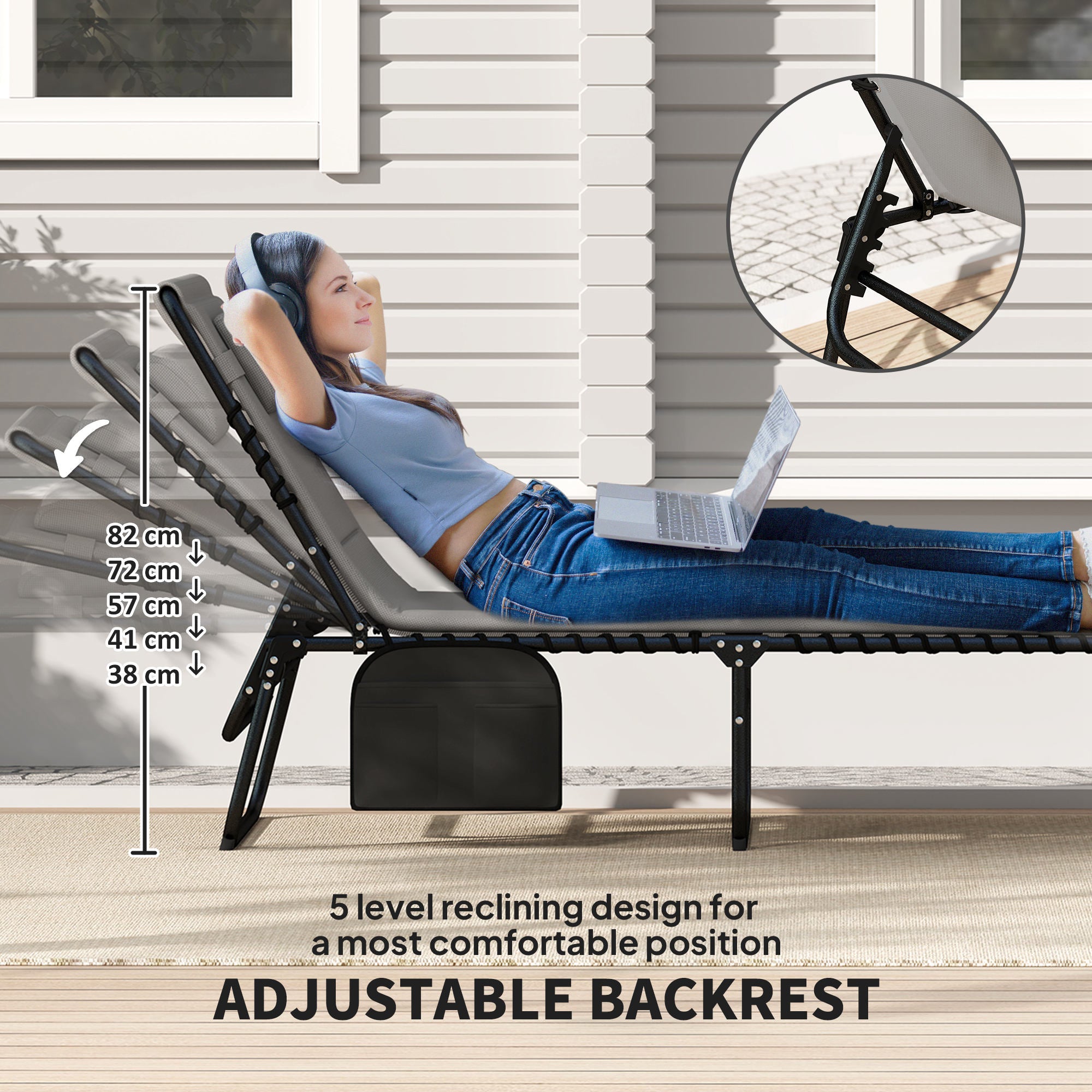 Outsunny Folding Chaise Lounge Chair Set of 2, Reclining Outdoor Lounge Chair Set with Quick Drying Pad Headrest Side Pocket, Tanning Chair Set for Beach Garden Pool, Light Grey