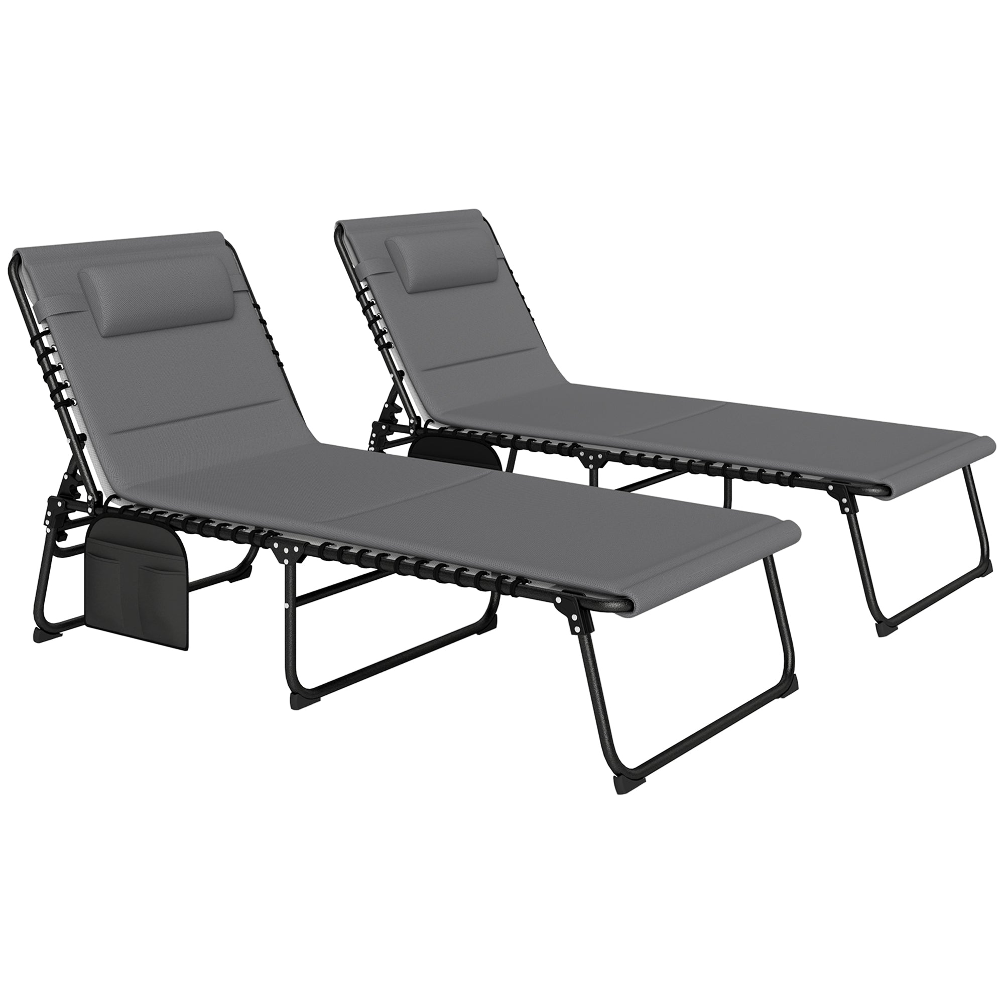 Outsunny Folding Chaise Lounge Chair Set of 2, Reclining Outdoor Lounge Chair Set with Quick Drying Pad Headrest Side Pocket, Tanning Chair Set for Beach Garden Pool, Light Grey
