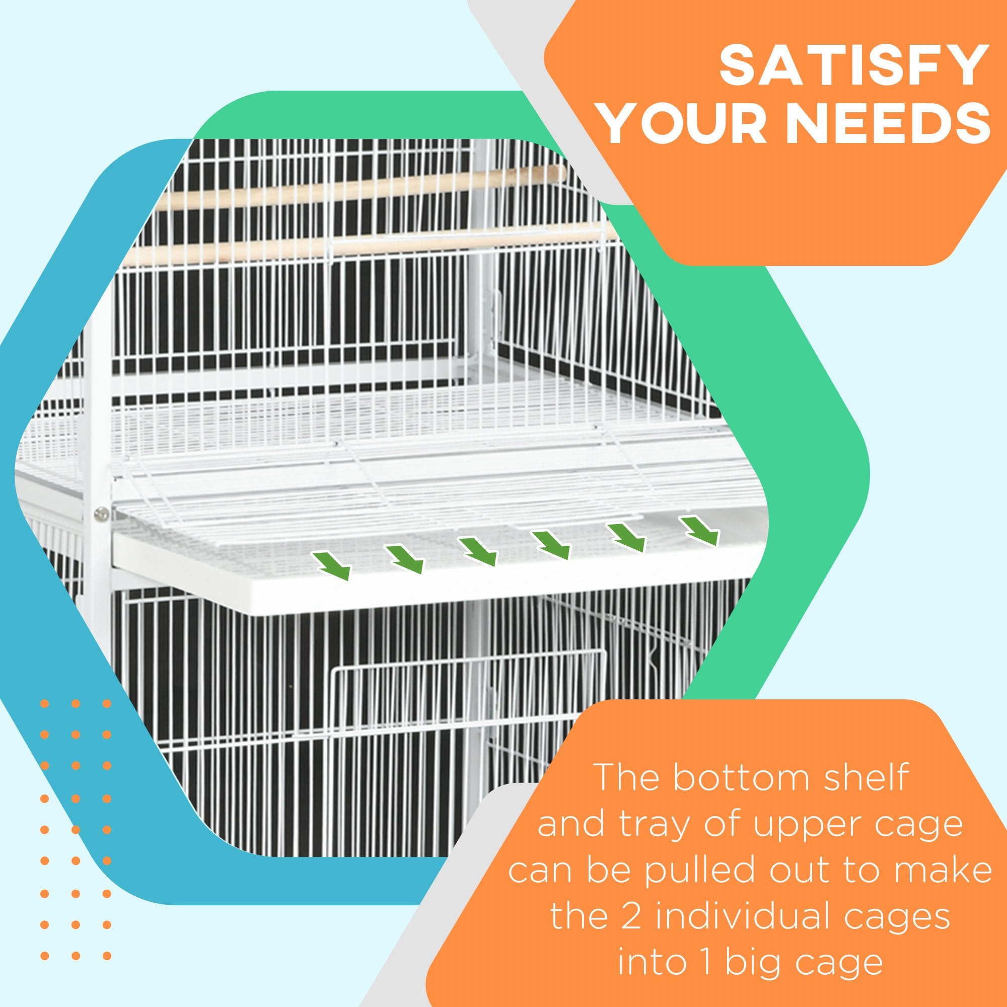 PawHut Wrought Metal Bird Cage Feeder with Rolling Stand Perches Food Containers Doors Wheels 67" H, White