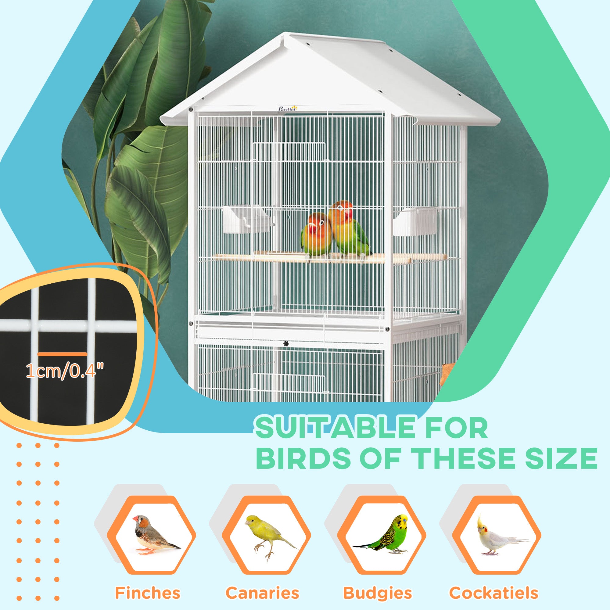PawHut 168cm Large Wrought Metal Bird Cage, Mobile Feeder with Rolling Stand, Perches, Food Containers, Doors, Wheels, for Finch, Canary, Budgie, Cockatiel - White