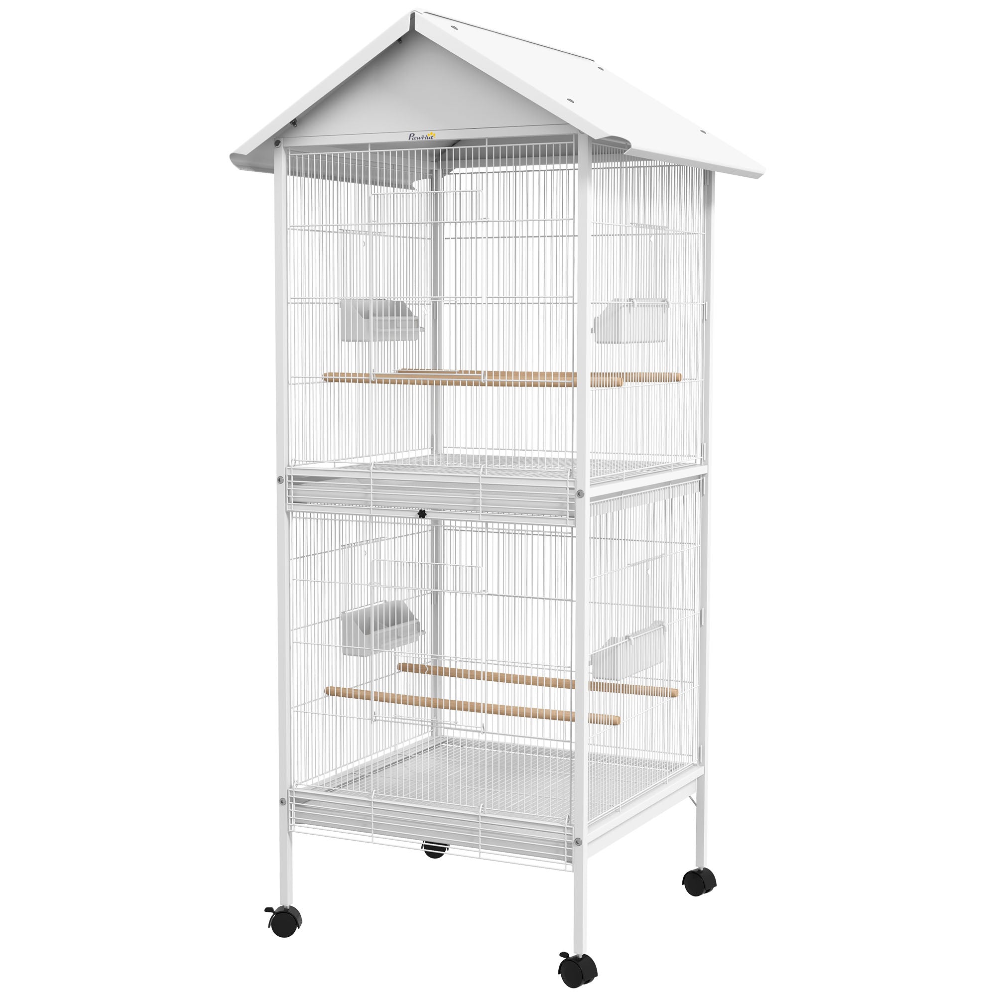 PawHut 168cm Large Wrought Metal Bird Cage, Mobile Feeder with Rolling Stand, Perches, Food Containers, Doors, Wheels, for Finch, Canary, Budgie, Cockatiel - White