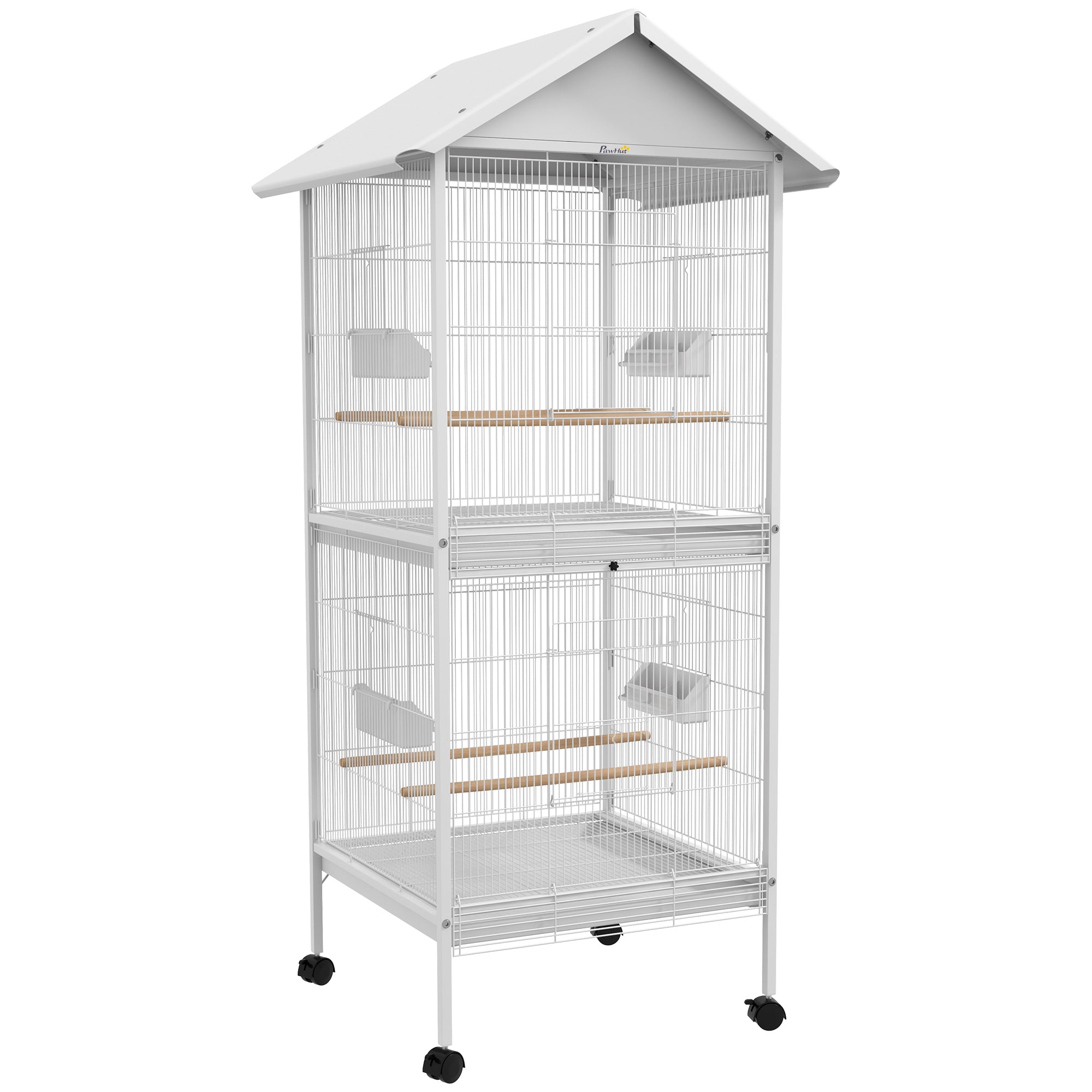 PawHut 168cm Large Wrought Metal Bird Cage, Mobile Feeder with Rolling Stand, Perches, Food Containers, Doors, Wheels, for Finch, Canary, Budgie, Cockatiel - White