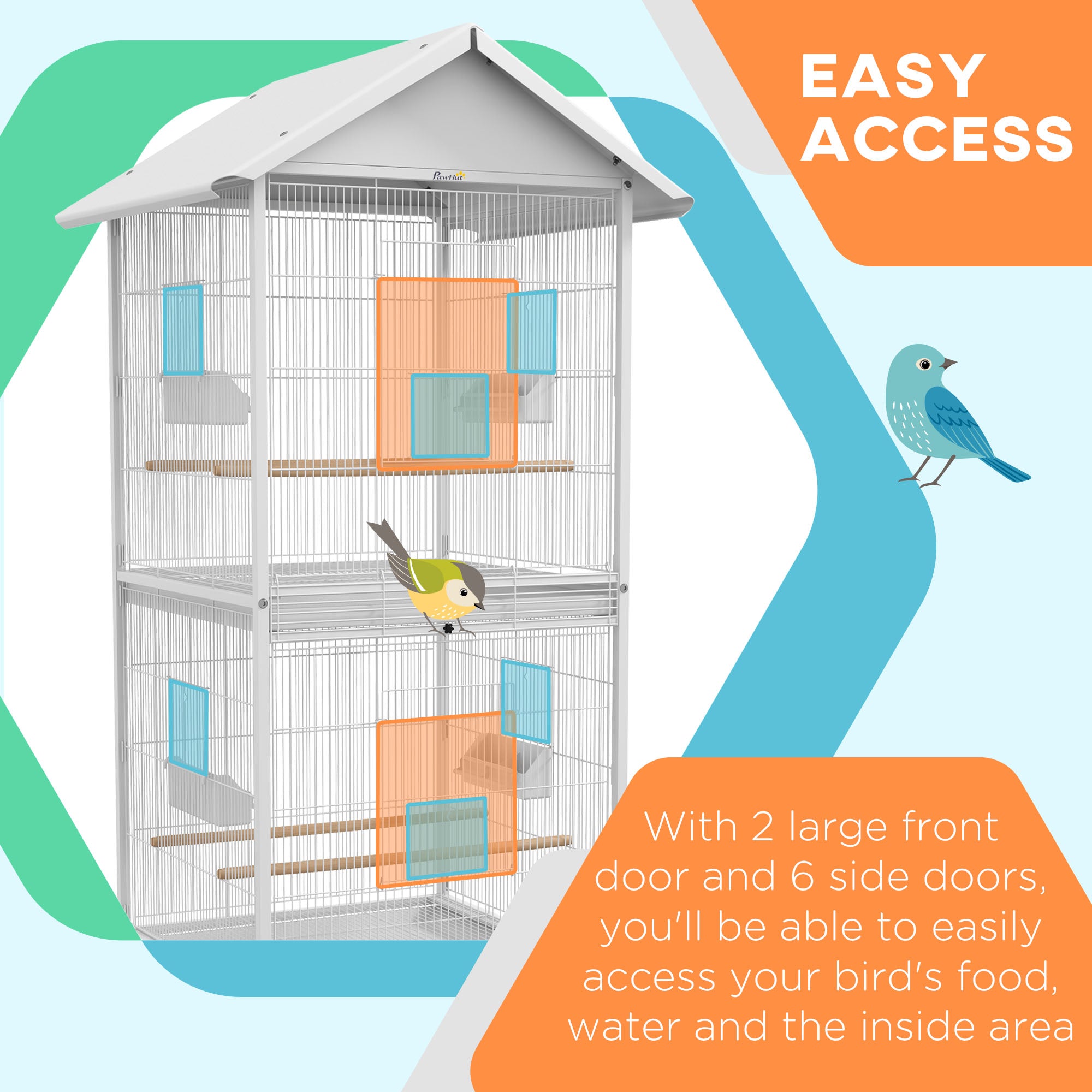 PawHut 168cm Large Wrought Metal Bird Cage, Mobile Feeder with Rolling Stand, Perches, Food Containers, Doors, Wheels, for Finch, Canary, Budgie, Cockatiel - White