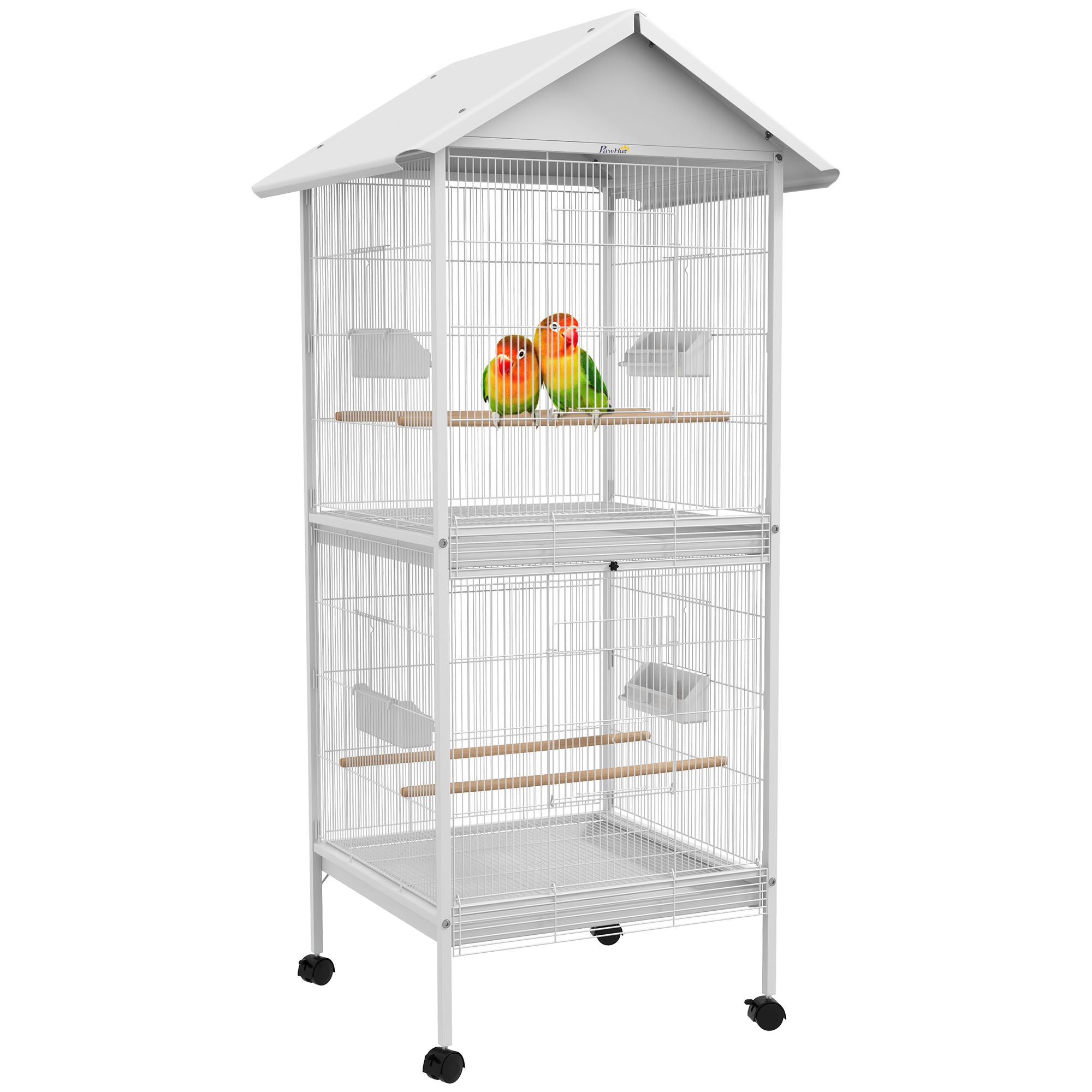 PawHut 168cm Large Wrought Metal Bird Cage, Mobile Feeder with Rolling Stand, Perches, Food Containers, Doors, Wheels, for Finch, Canary, Budgie, Cockatiel - White