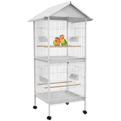 PawHut 168cm Large Wrought Metal Bird Cage, Mobile Feeder with Rolling Stand, Perches, Food Containers, Doors, Wheels, for Finch, Canary, Budgie, Cockatiel - White