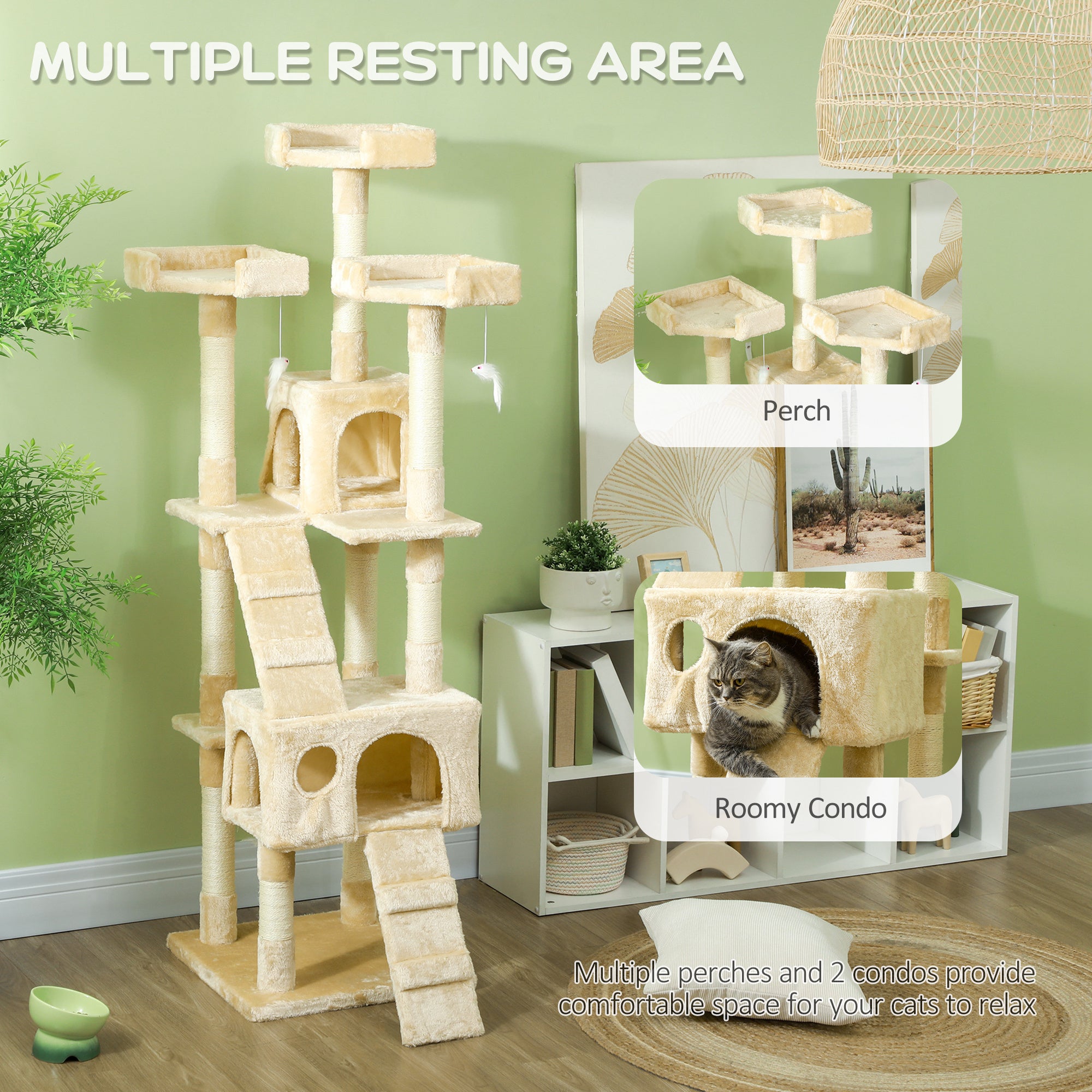 PawHut 68 inches Cat Tree, Multi-Level Large Cat Tower Condo with Scratching Posts, Perches, Cat Houses, Dangling Toy, Beige