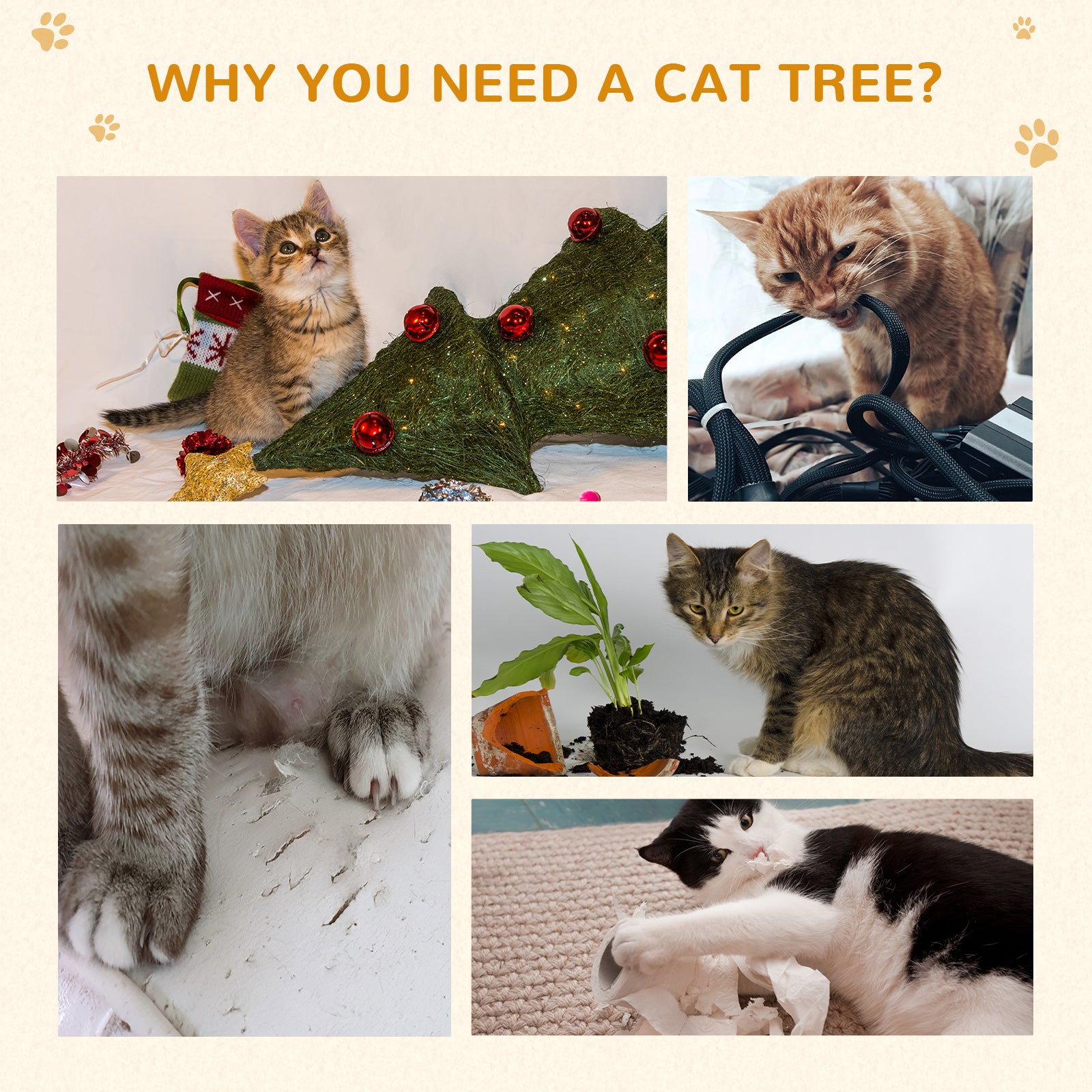 PawHut Cat Tree for Indoor Cats, 173cm Cat Tower Scratching Post Tall Climbing Tower, Activity Centre House - Cream