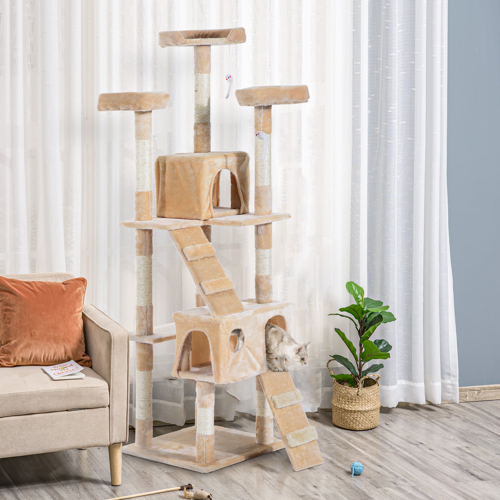 PawHut Cat Tree for Indoor Cats, 173cm Cat Tower Scratching Post Tall Climbing Tower, Activity Centre House - Cream