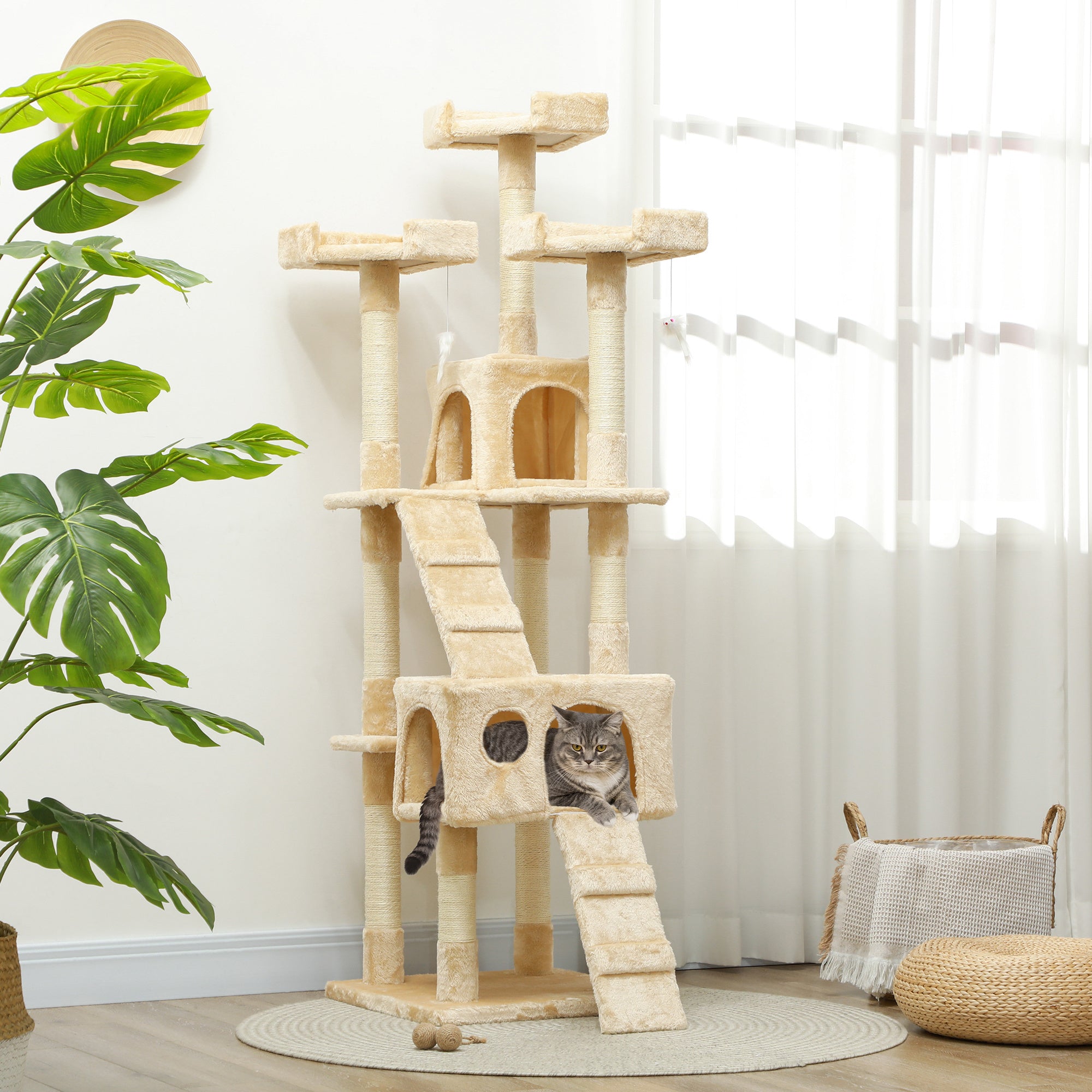 PawHut 68 inches Cat Tree, Multi-Level Large Cat Tower Condo with Scratching Posts, Perches, Cat Houses, Dangling Toy, Beige
