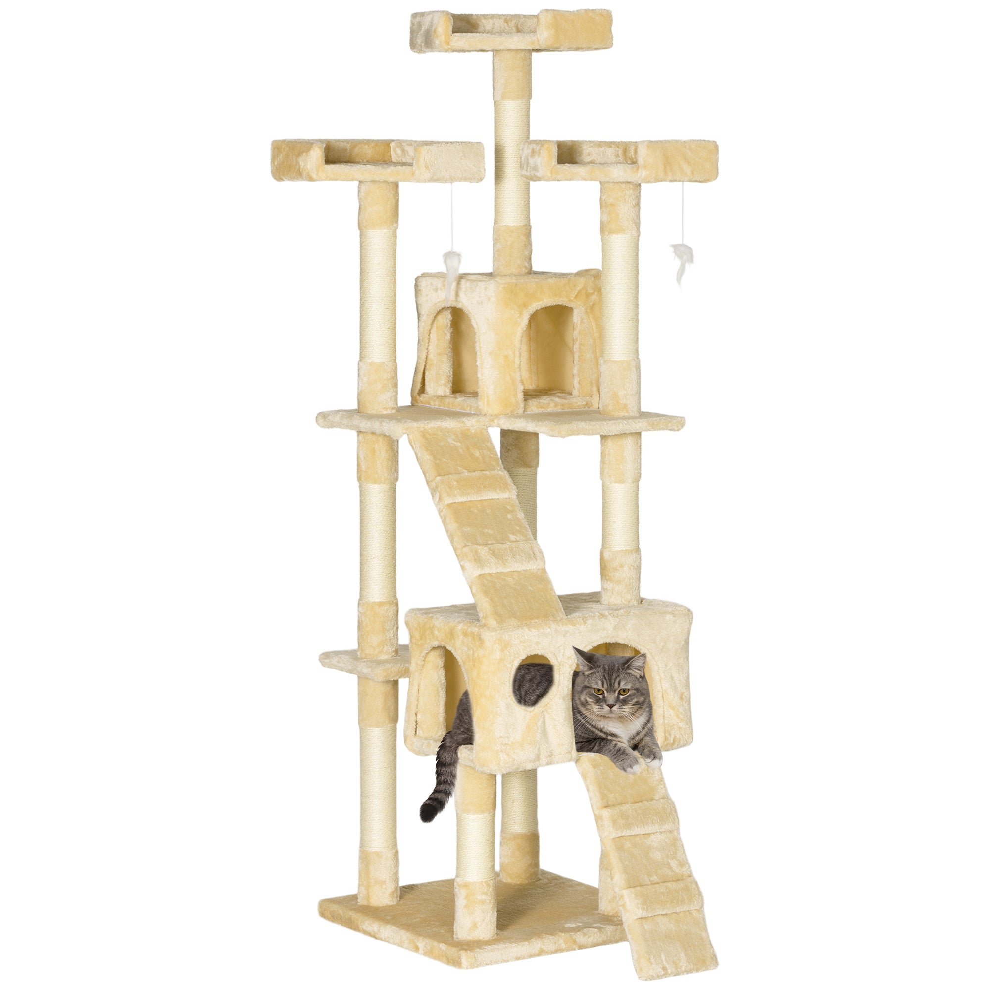 PawHut 68 inches Cat Tree, Multi-Level Large Cat Tower Condo with Scratching Posts, Perches, Cat Houses, Dangling Toy, Beige