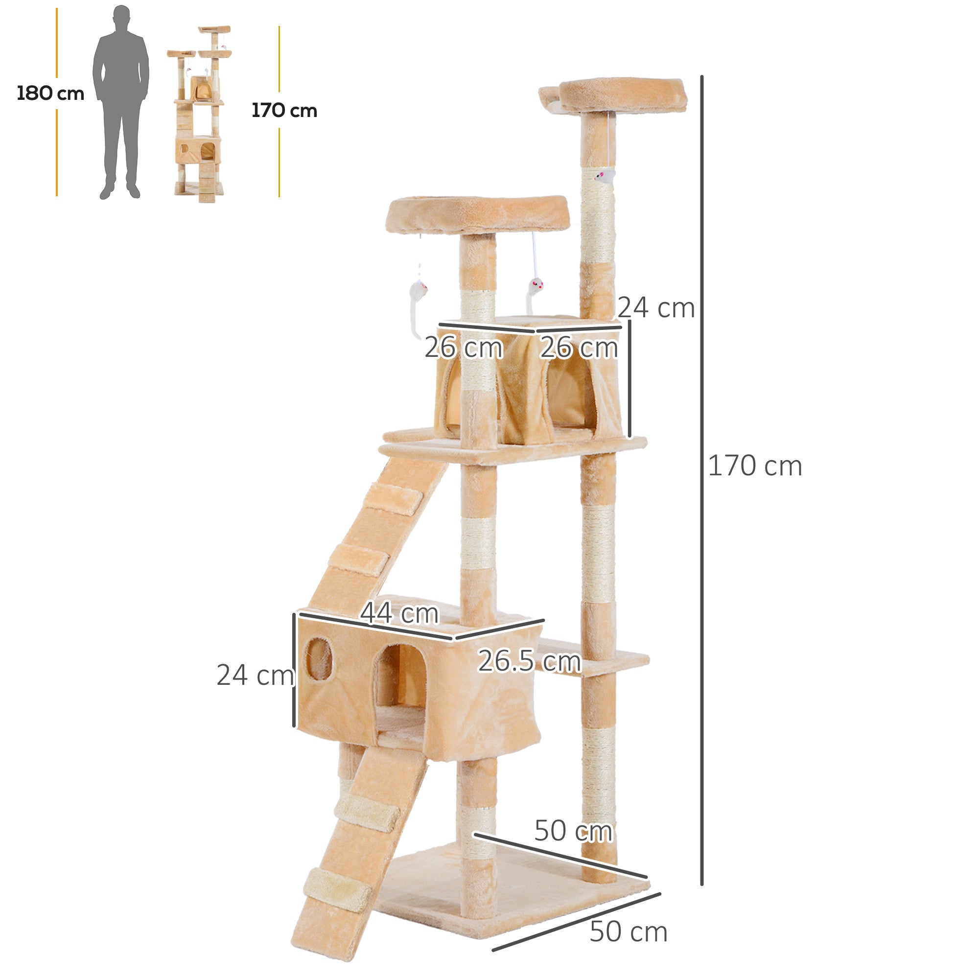 PawHut Cat Tree for Indoor Cats, 173cm Cat Tower Scratching Post Tall Climbing Tower, Activity Centre House - Cream
