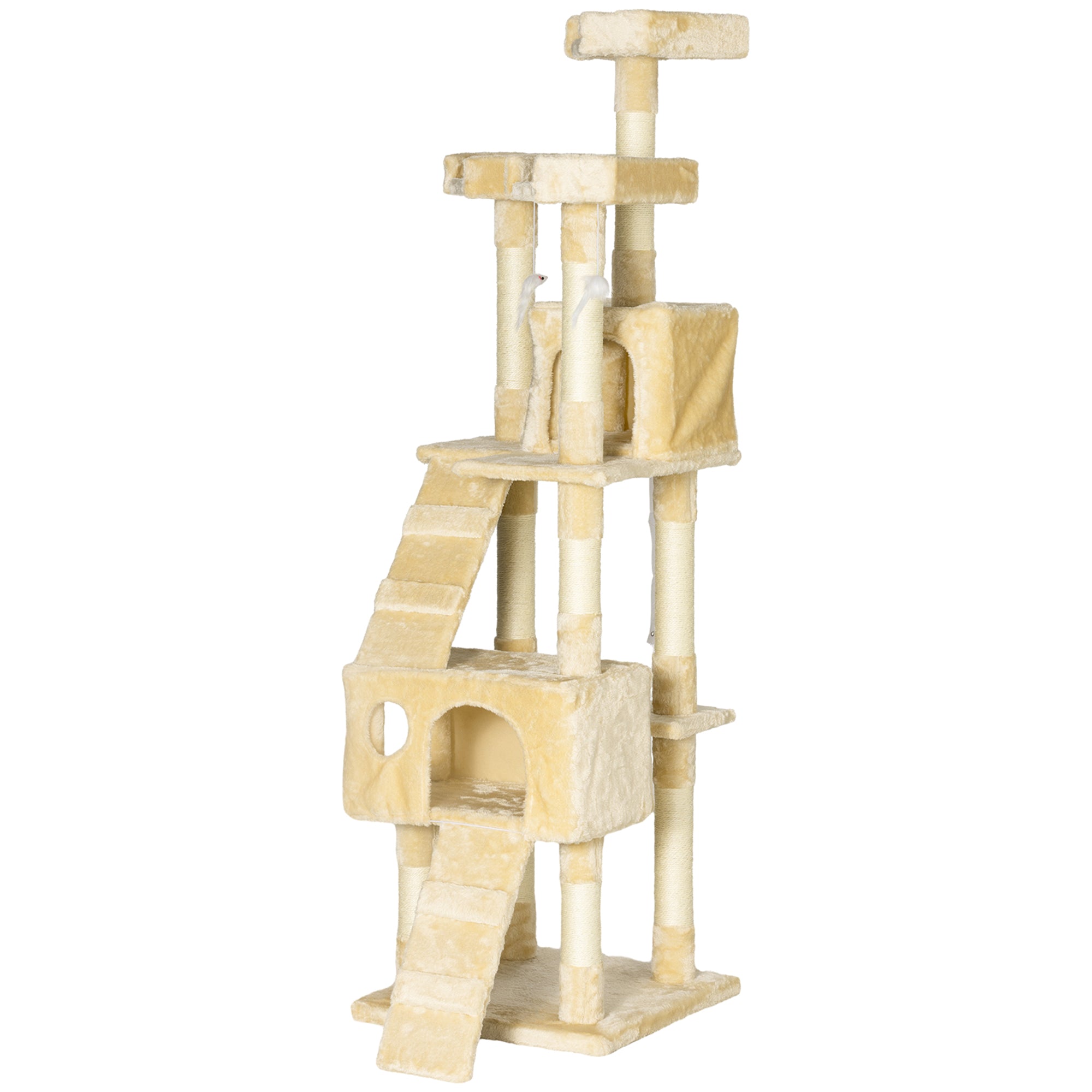 PawHut 68 inches Cat Tree, Multi-Level Large Cat Tower Condo with Scratching Posts, Perches, Cat Houses, Dangling Toy, Beige