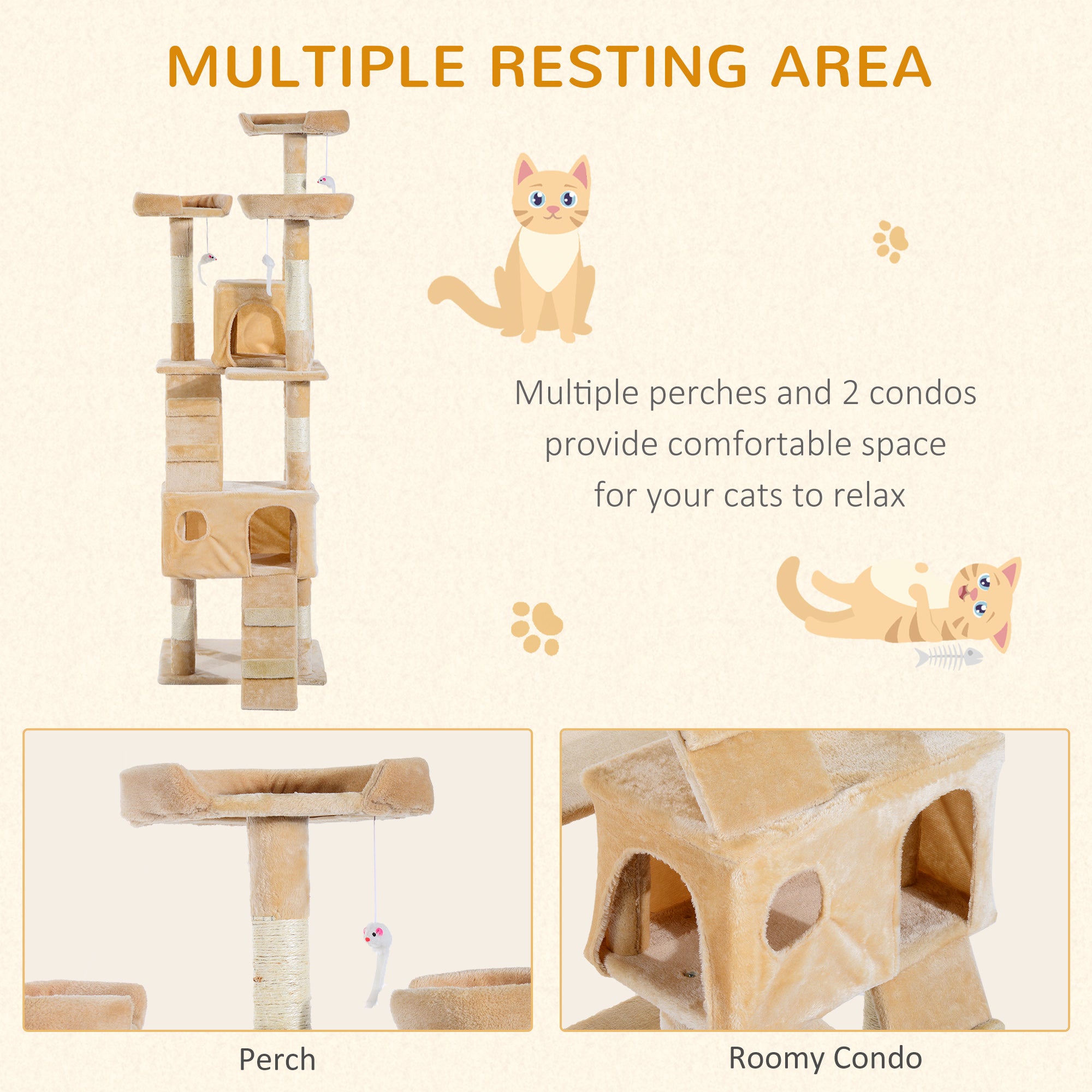 PawHut Cat Tree for Indoor Cats, 173cm Cat Tower Scratching Post Tall Climbing Tower, Activity Centre House - Cream
