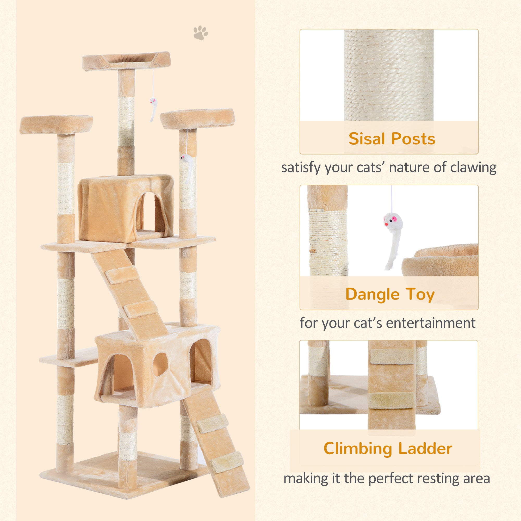 PawHut Cat Tree for Indoor Cats, 173cm Cat Tower Scratching Post Tall Climbing Tower, Activity Centre House - Cream