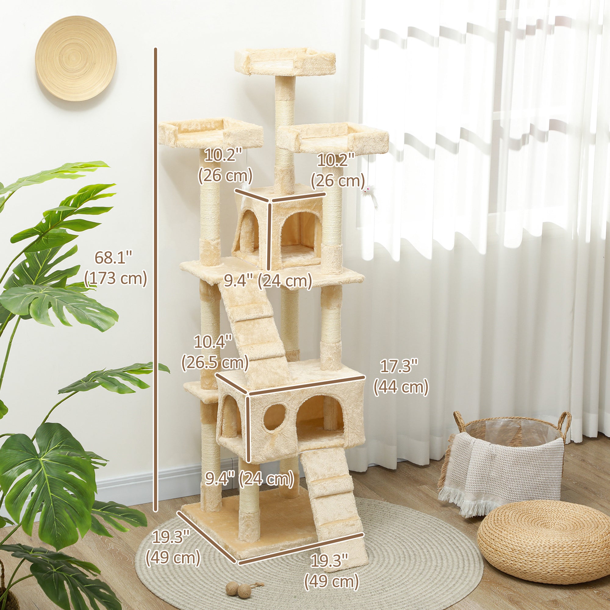PawHut 68 inches Cat Tree, Multi-Level Large Cat Tower Condo with Scratching Posts, Perches, Cat Houses, Dangling Toy, Beige