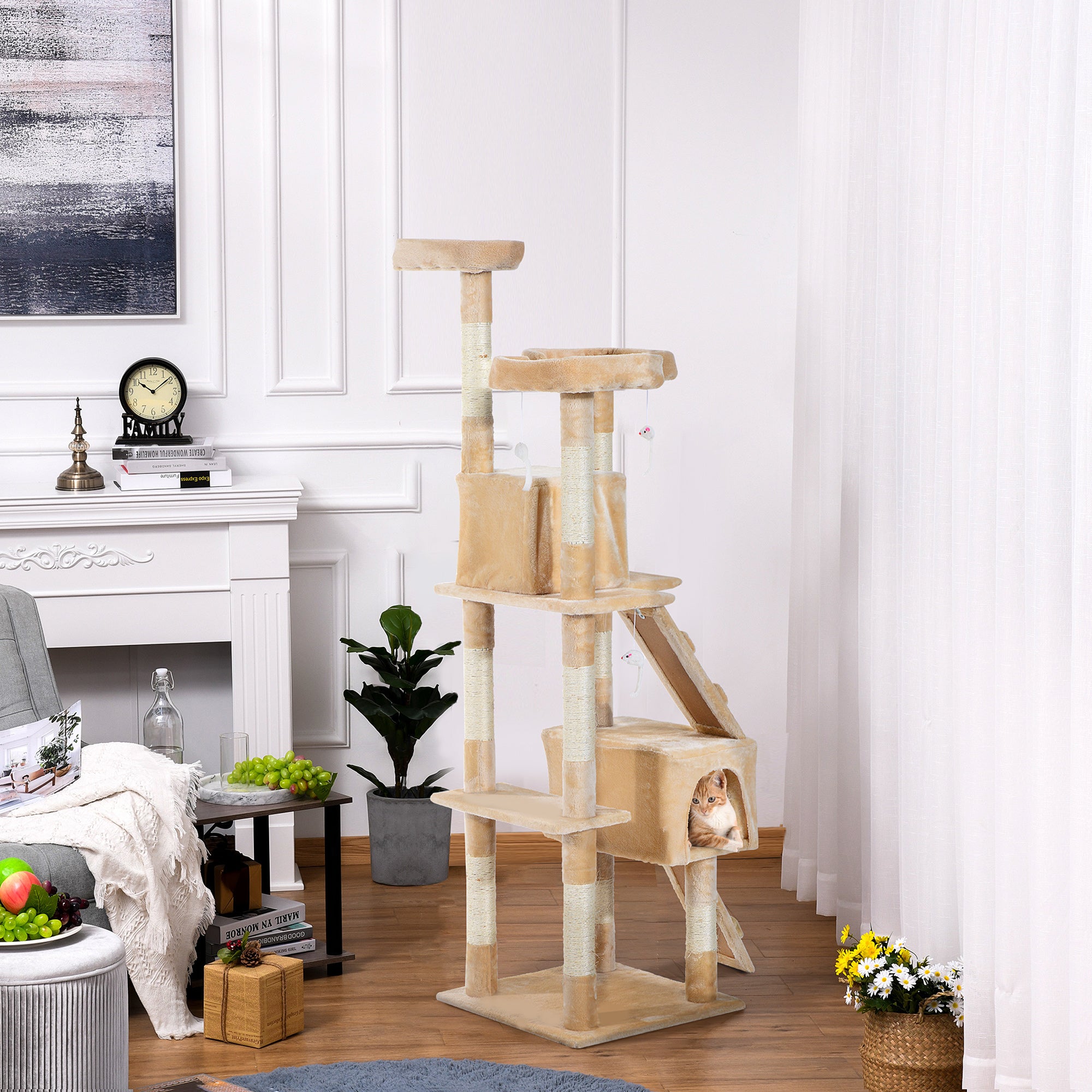 PawHut Cat Tree for Indoor Cats, 173cm Cat Tower Scratching Post Tall Climbing Tower, Activity Centre House - Cream