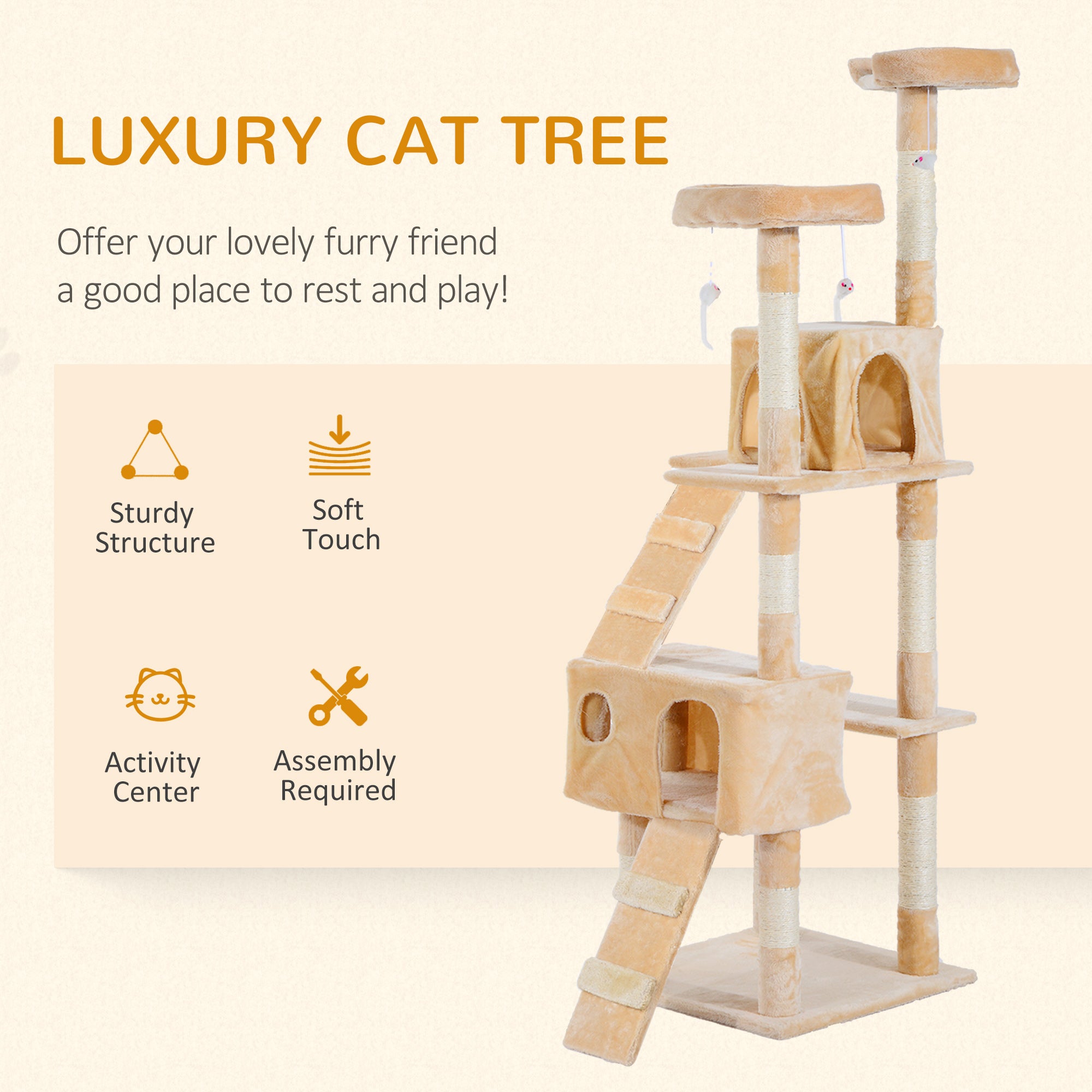 PawHut Cat Tree for Indoor Cats, 173cm Cat Tower Scratching Post Tall Climbing Tower, Activity Centre House - Cream