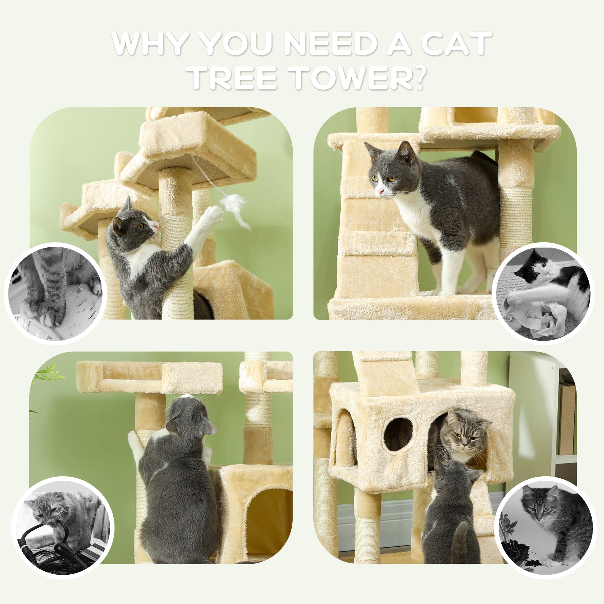 PawHut 68 inches Cat Tree, Multi-Level Large Cat Tower Condo with Scratching Posts, Perches, Cat Houses, Dangling Toy, Beige