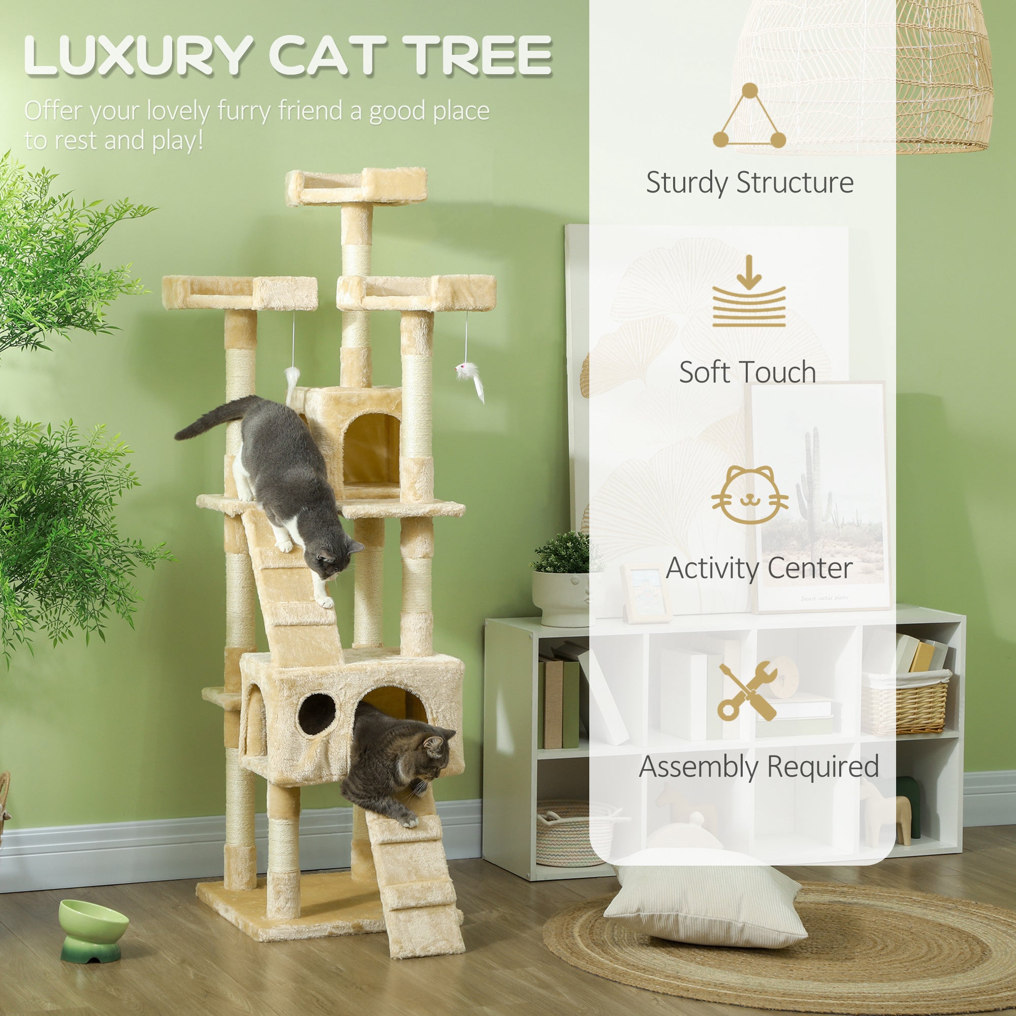 PawHut 68 inches Cat Tree, Multi-Level Large Cat Tower Condo with Scratching Posts, Perches, Cat Houses, Dangling Toy, Beige
