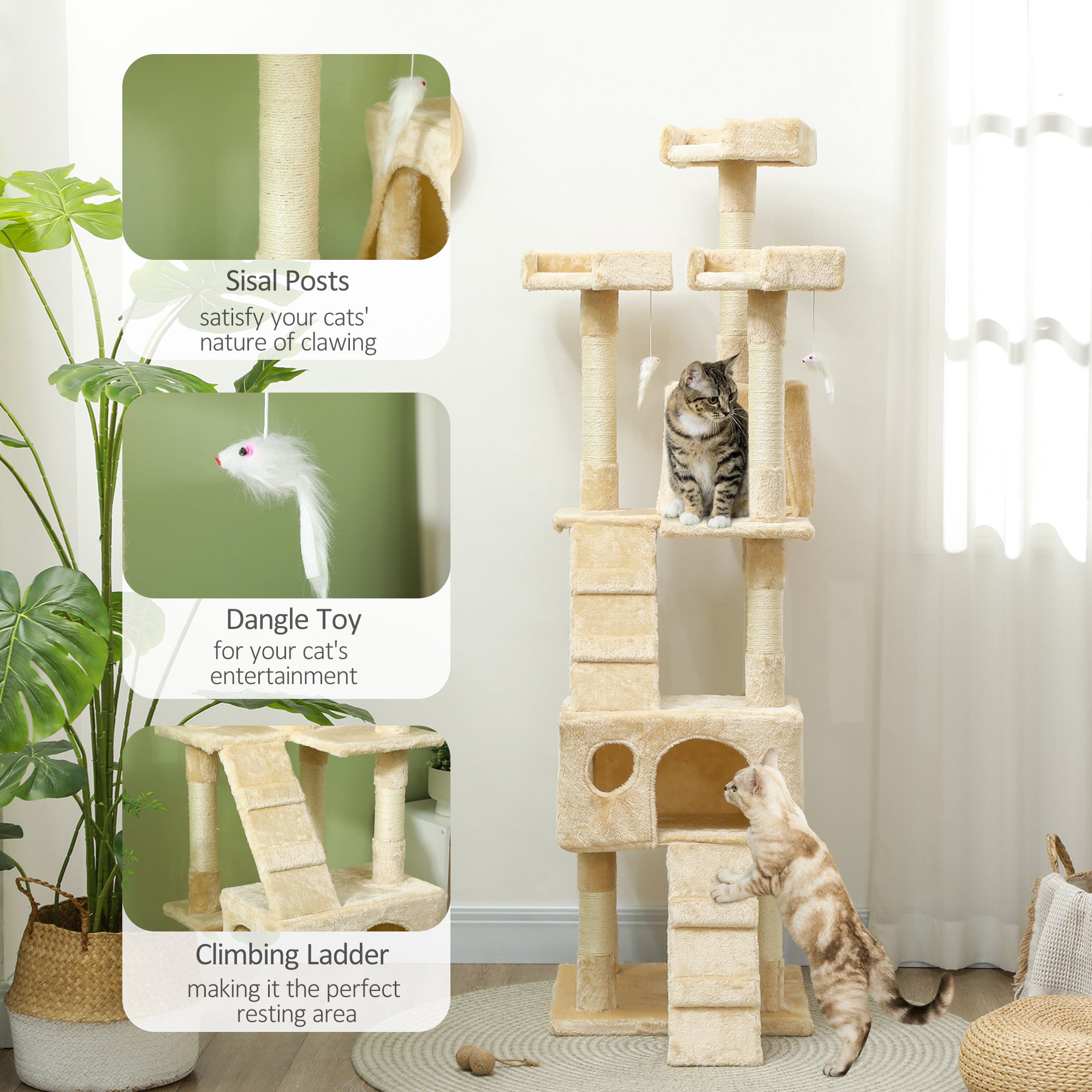 PawHut 68 inches Cat Tree, Multi-Level Large Cat Tower Condo with Scratching Posts, Perches, Cat Houses, Dangling Toy, Beige
