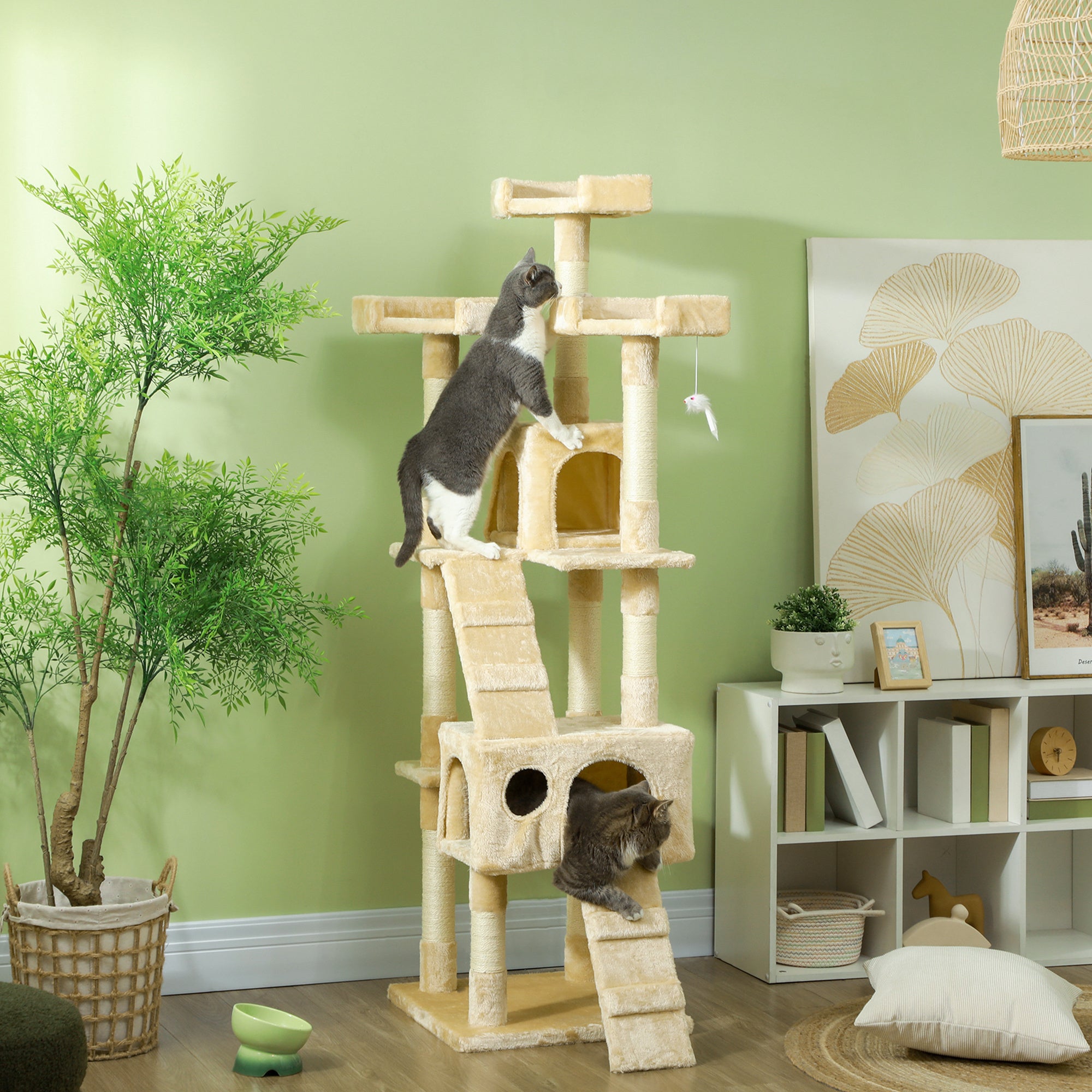 PawHut 68 inches Cat Tree, Multi-Level Large Cat Tower Condo with Scratching Posts, Perches, Cat Houses, Dangling Toy, Beige
