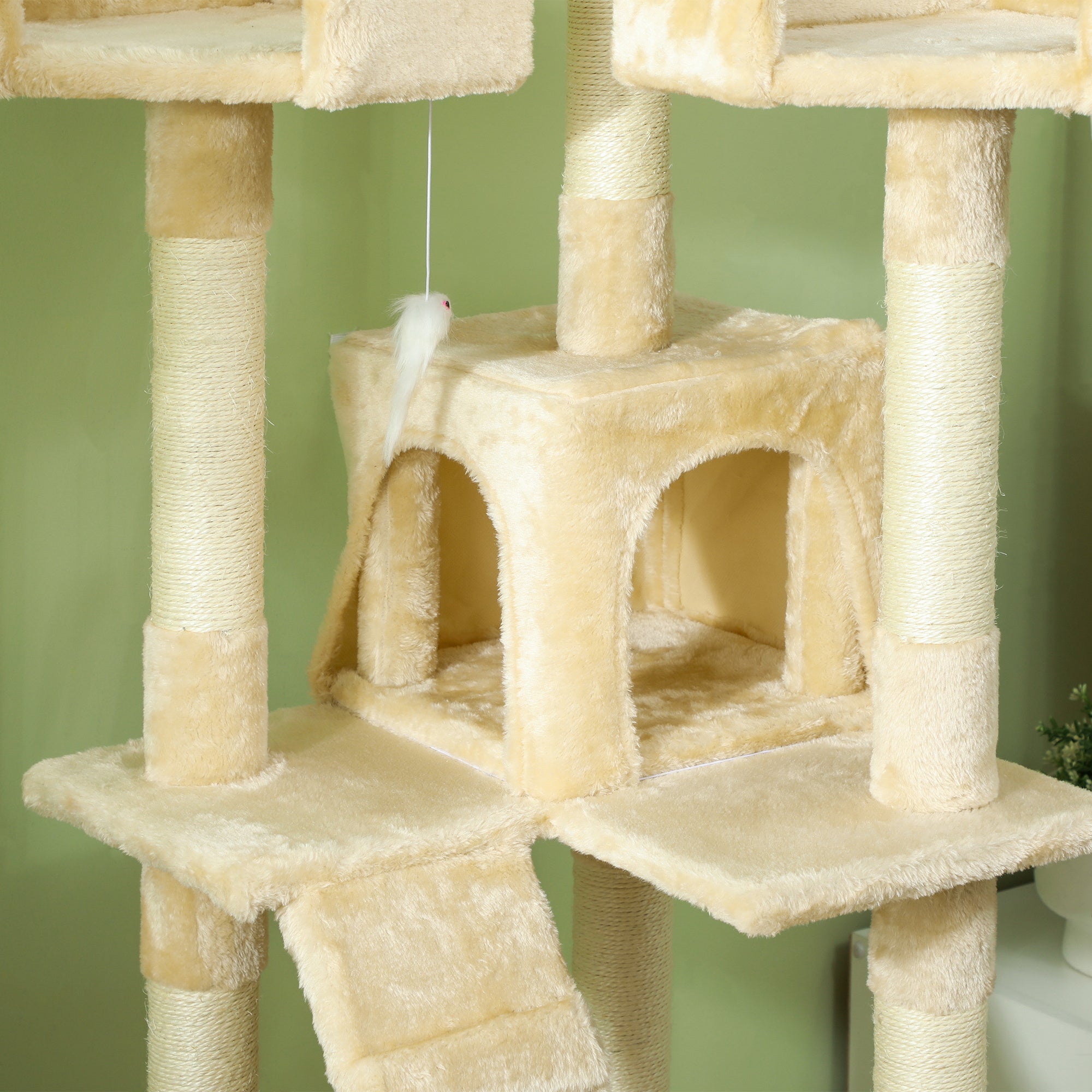 PawHut 68 inches Cat Tree, Multi-Level Large Cat Tower Condo with Scratching Posts, Perches, Cat Houses, Dangling Toy, Beige