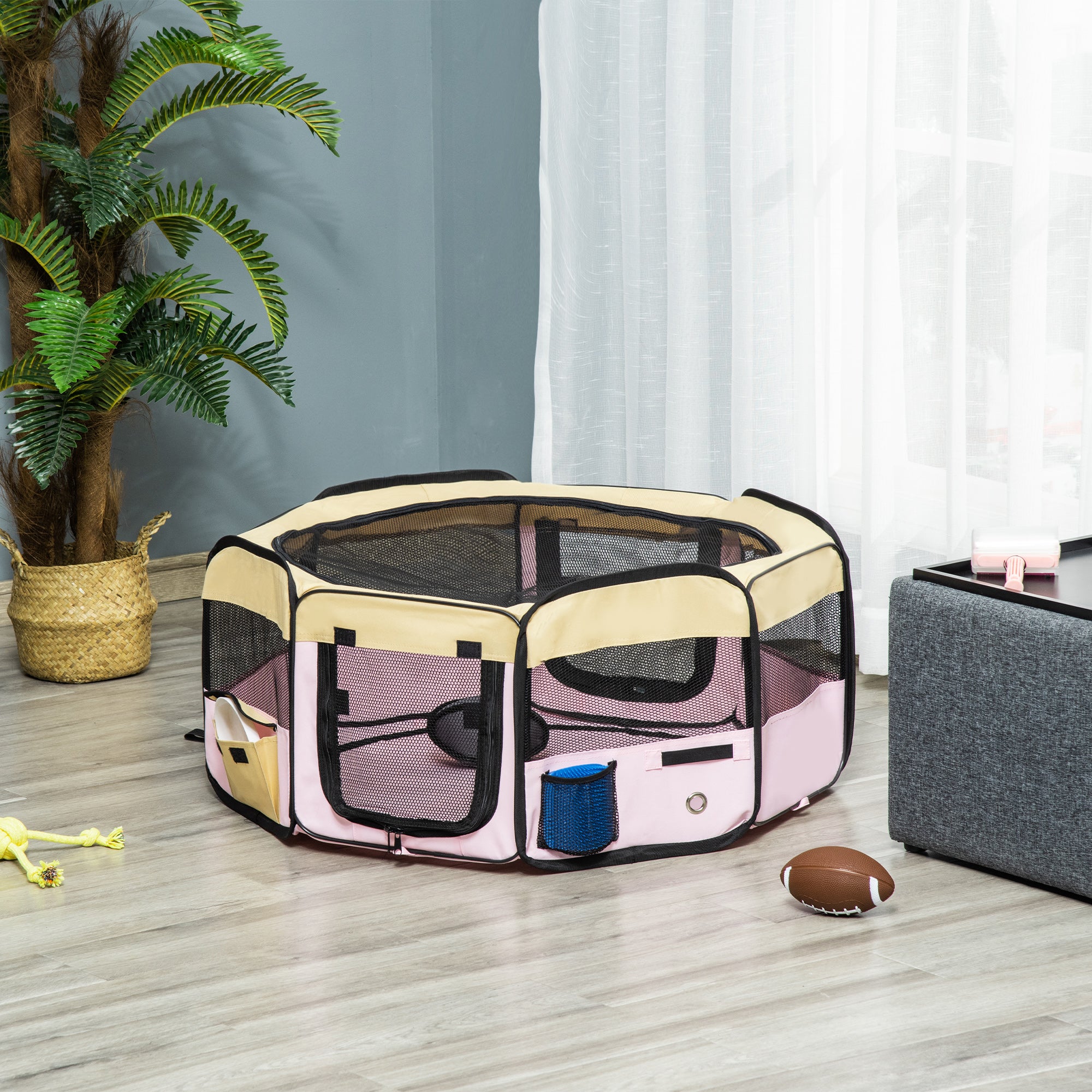 PawHut Fabric Pet Whelping Box Dog Cat Puppy Playpen Rabbit Guinea Pig Play Pen in Pink With Carry Bag Small Dia 90 x 41Hcm