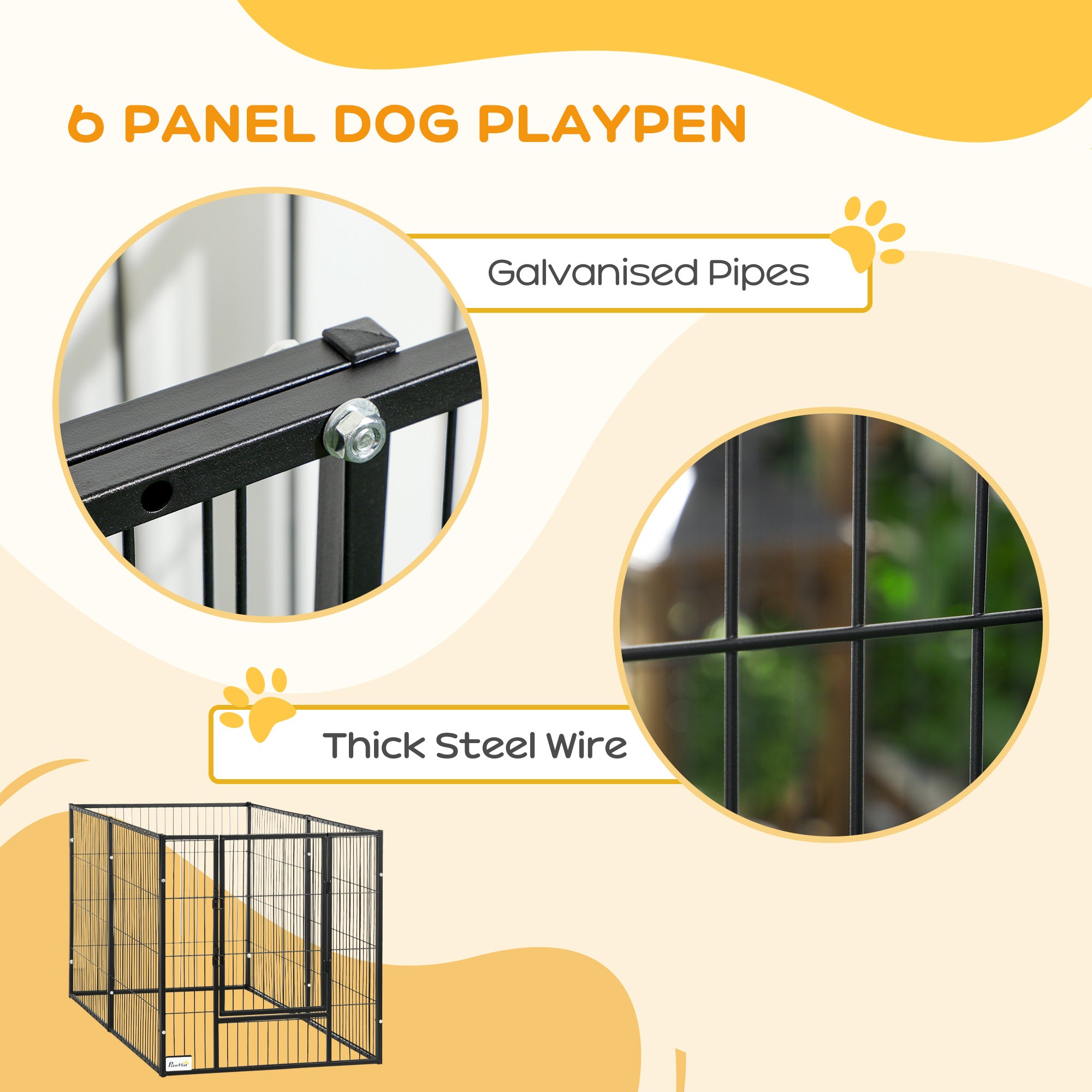 PawHut 6 Panel Dog Playpen Dog Pen Metal Pet Fence for Outside Indoor, Adjustable Width, Heavy Duty Steel Frame, 32.5"-59"W x 24"D x 32''H Black