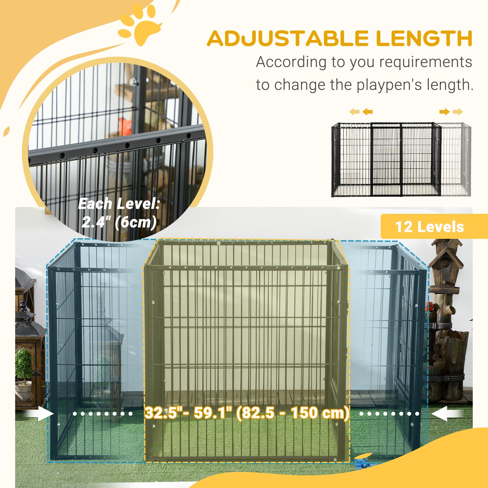 PawHut 6 Panel Dog Playpen Dog Pen Metal Pet Fence for Outside Indoor, Adjustable Width, Heavy Duty Steel Frame, 32.5"-59"W x 24"D x 32''H Black